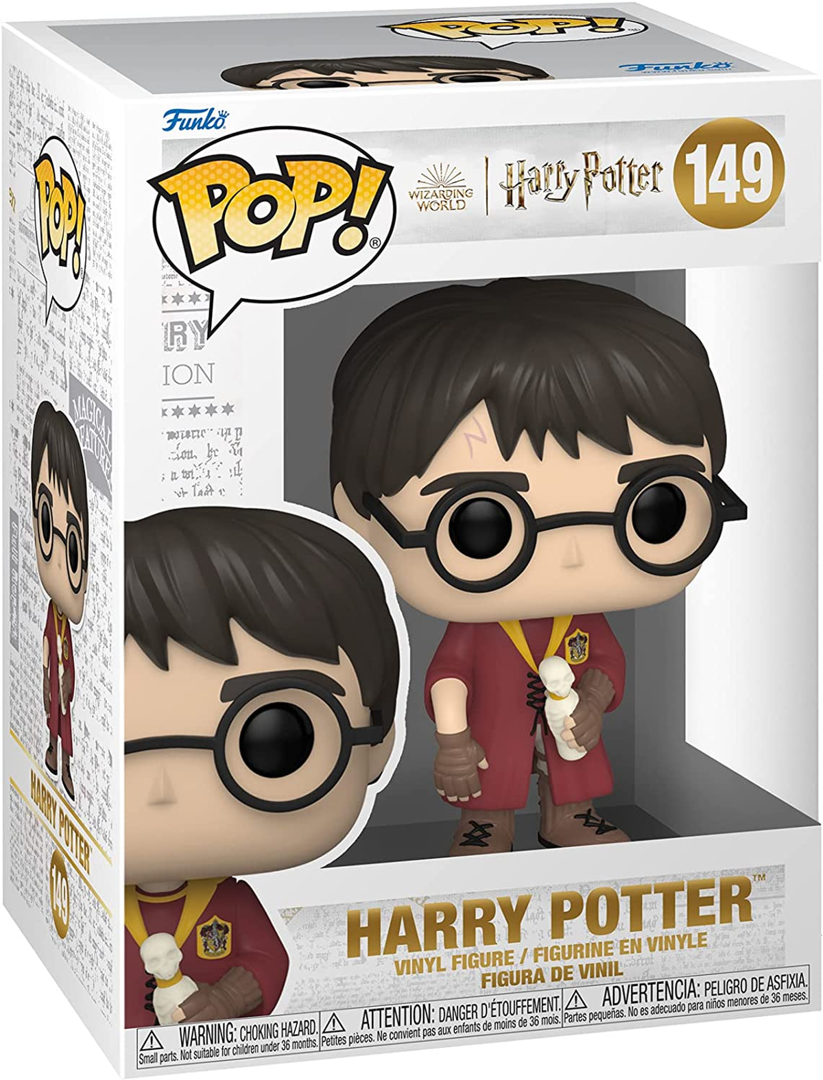 Figurka Funko Pop Harry'ego Pottera w pudełku. Harry ma okulary, bliznę, trzyma zwój, w czerwonej szacie.