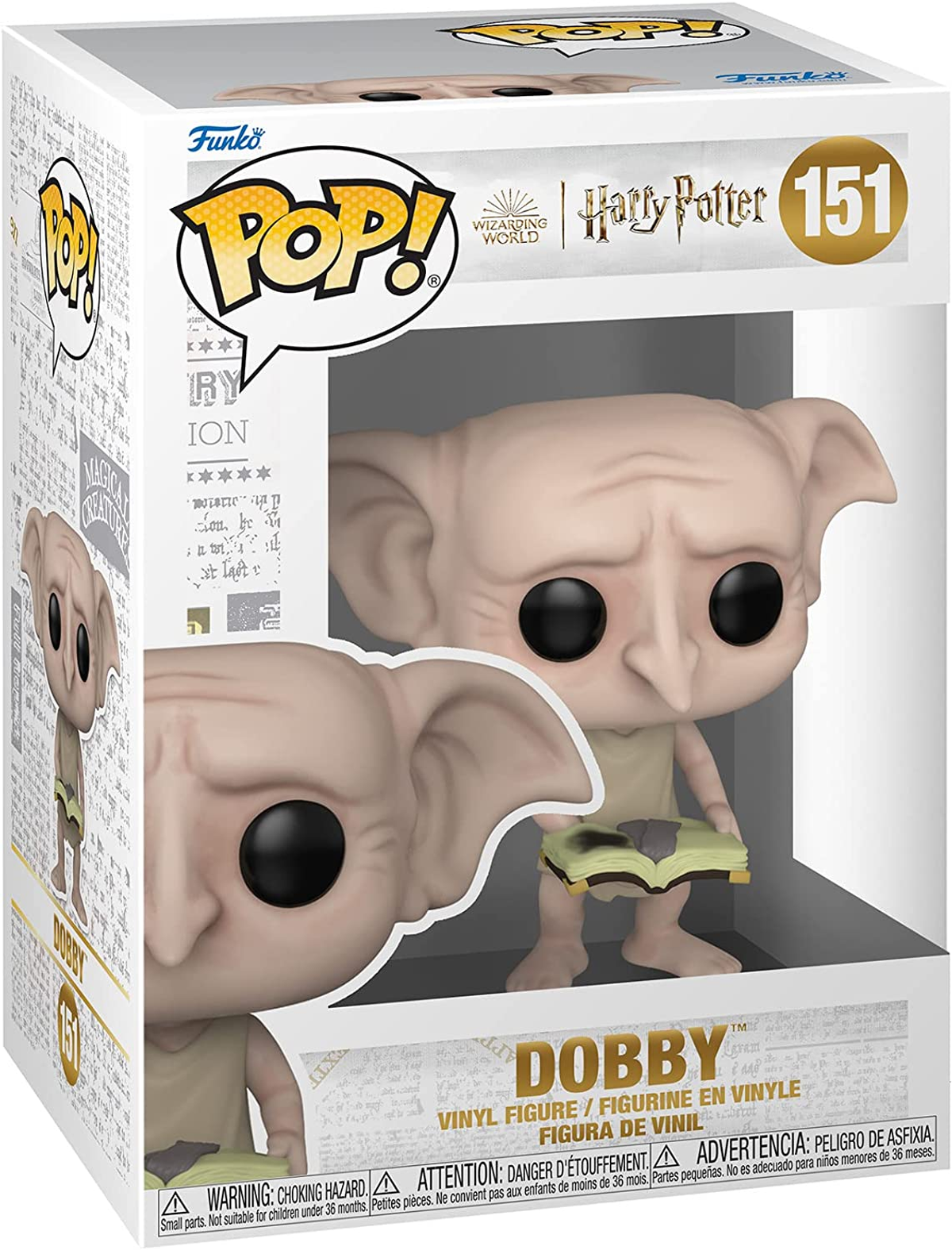 Figurka Dobby Funko Pop w pudełku. Dobby trzyma książkę.