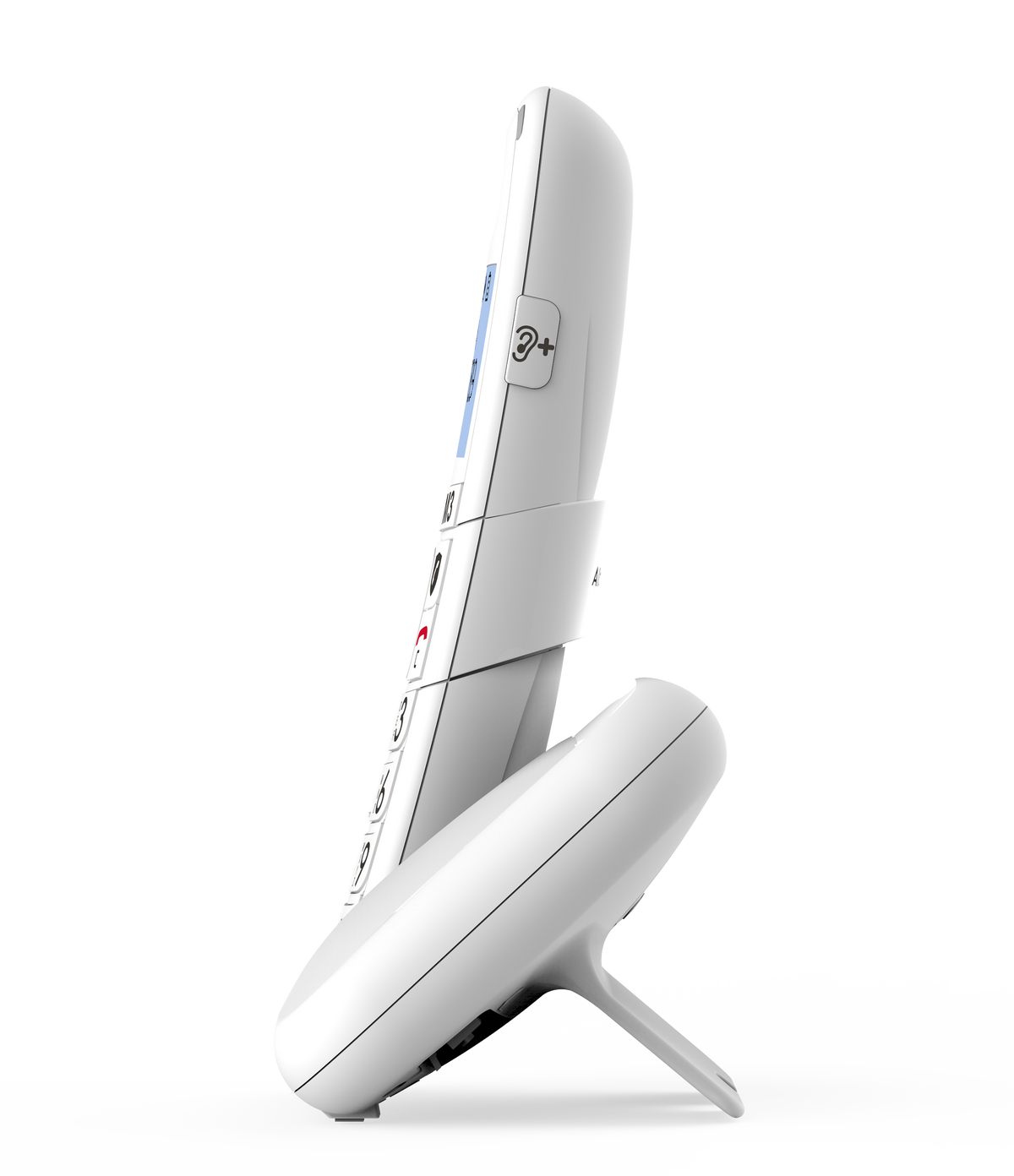 Un telefono cordless bianco, vista laterale, angolata, sulla sua base. Il telefono ha un display.