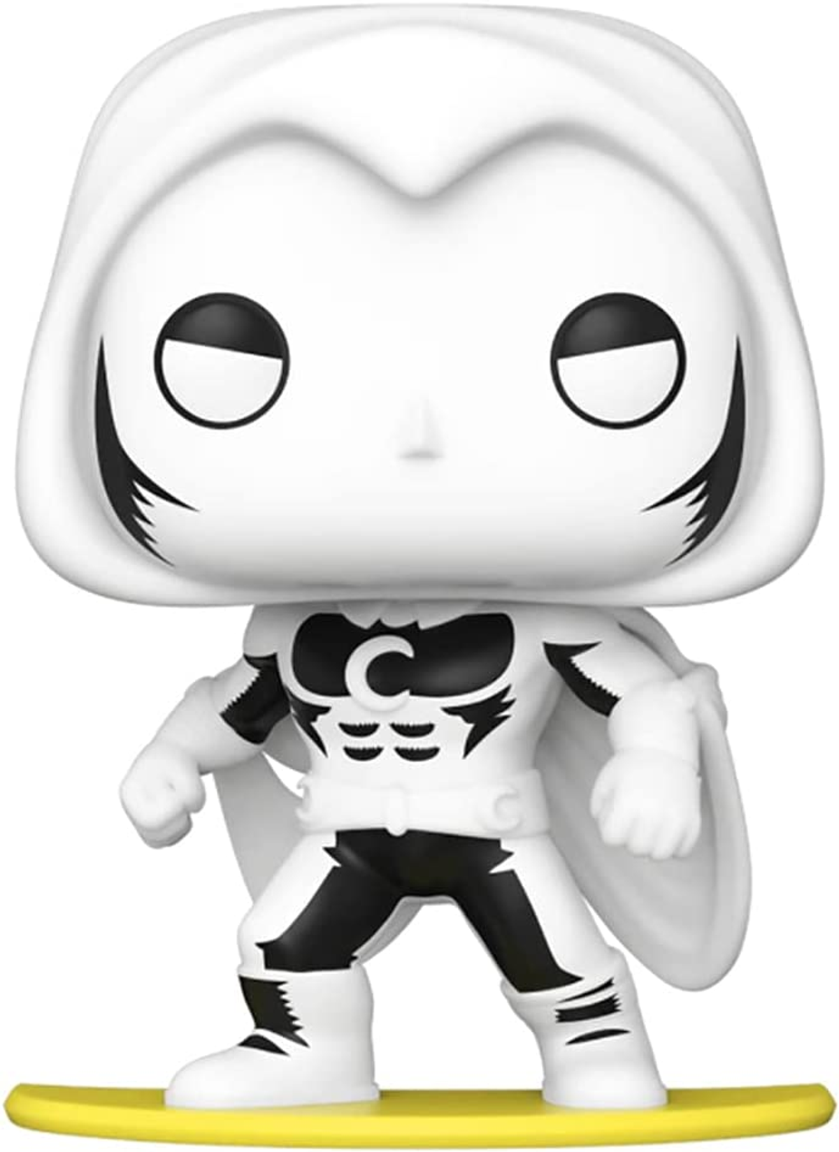 Eine weiß-schwarze Moon Knight-Figur auf einem gelben Ständer.
