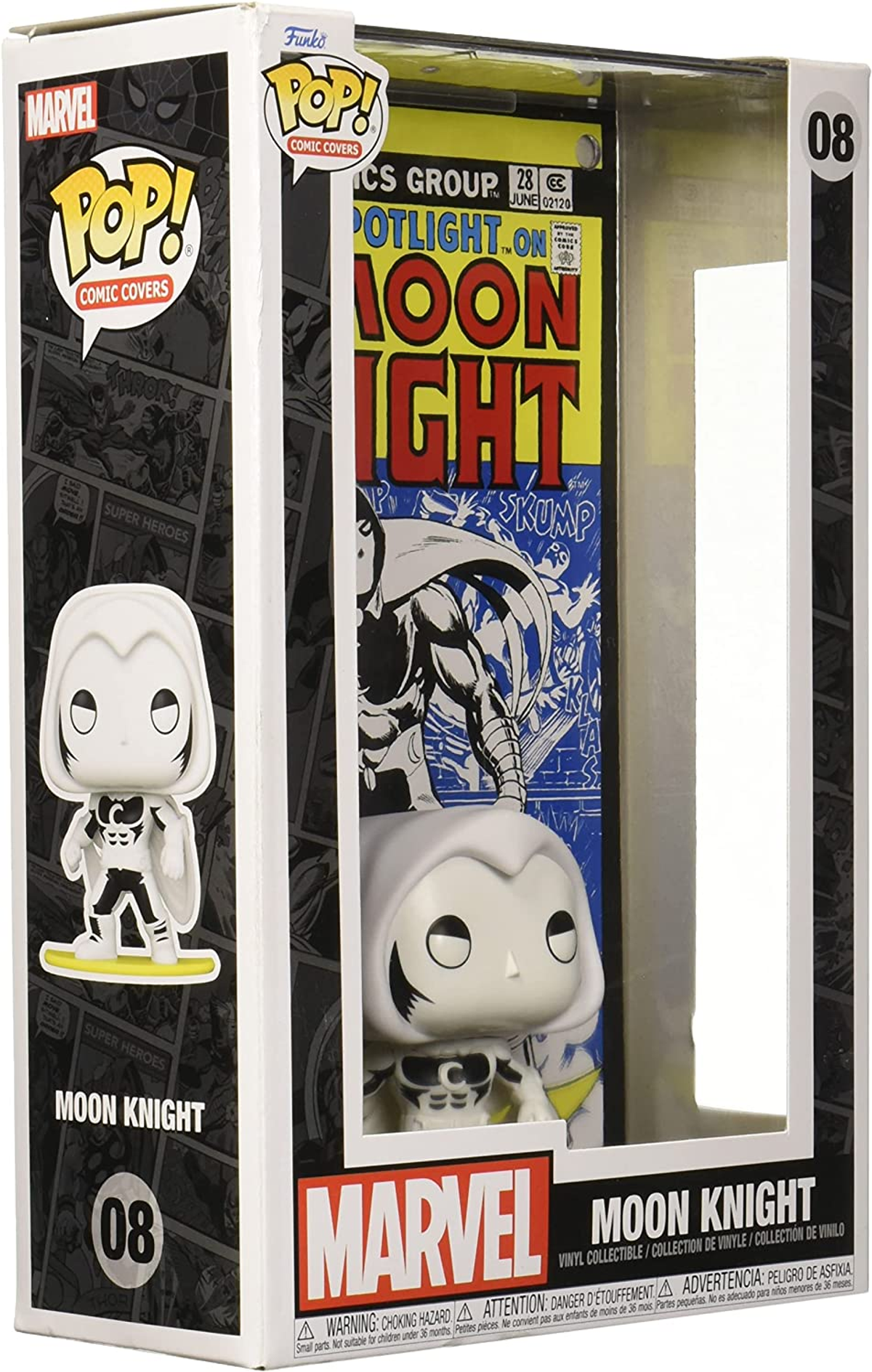 Funko Pop Moon Knight Figur in einer Box. Die Box hat Comic-Buch-Art.