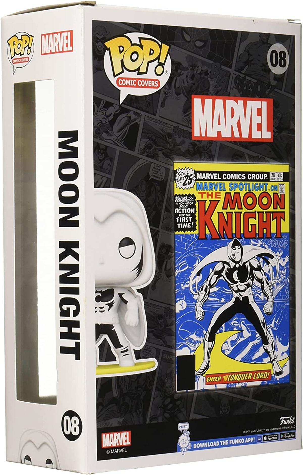 Moon Knight Funko Pop Box. Weiße Figur auf gelber Basis, Comic-Cover-Kunst auf der Rückseite.