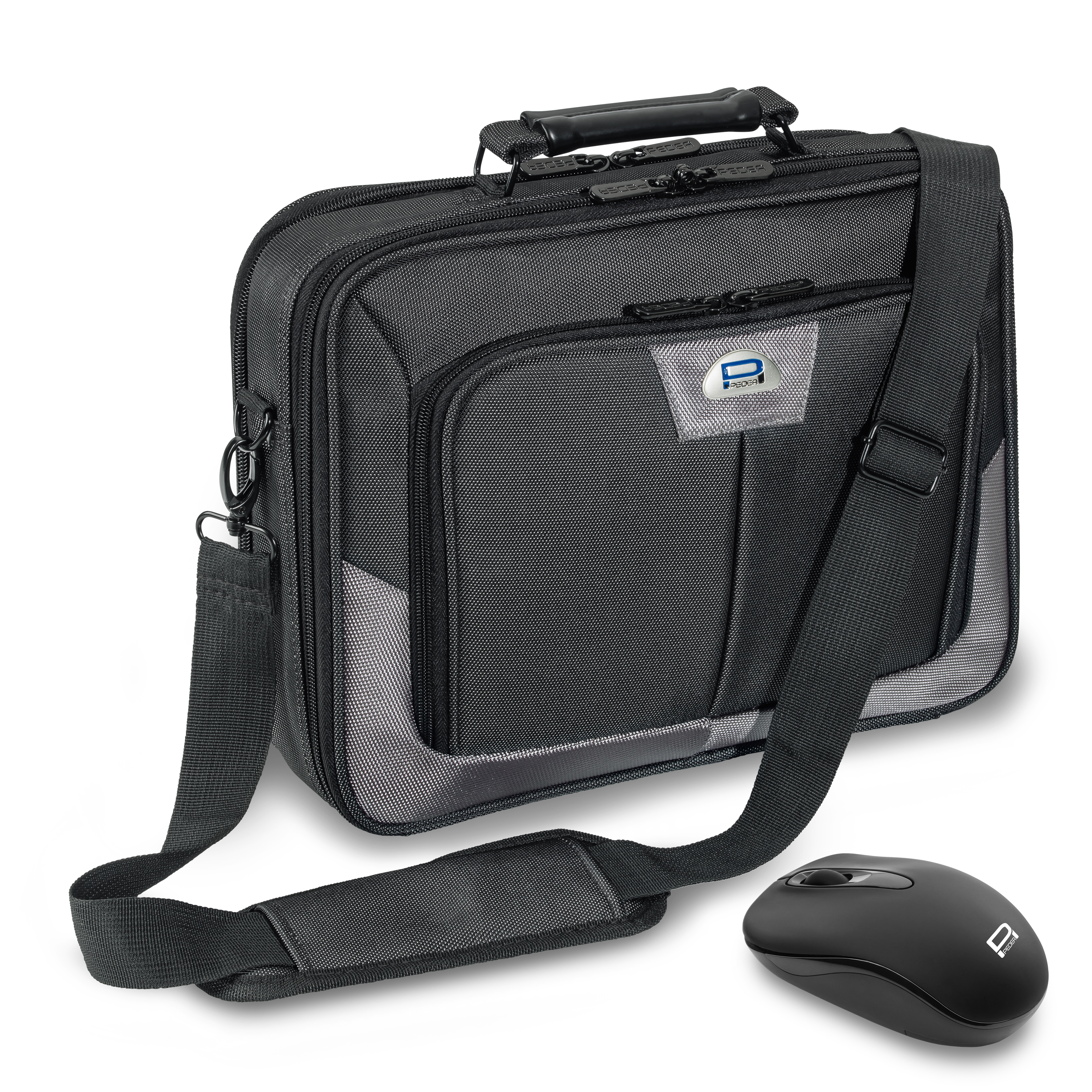 Schwarze Laptoptasche mit Schultergurt und schwarzer Maus, weißer Hintergrund.
