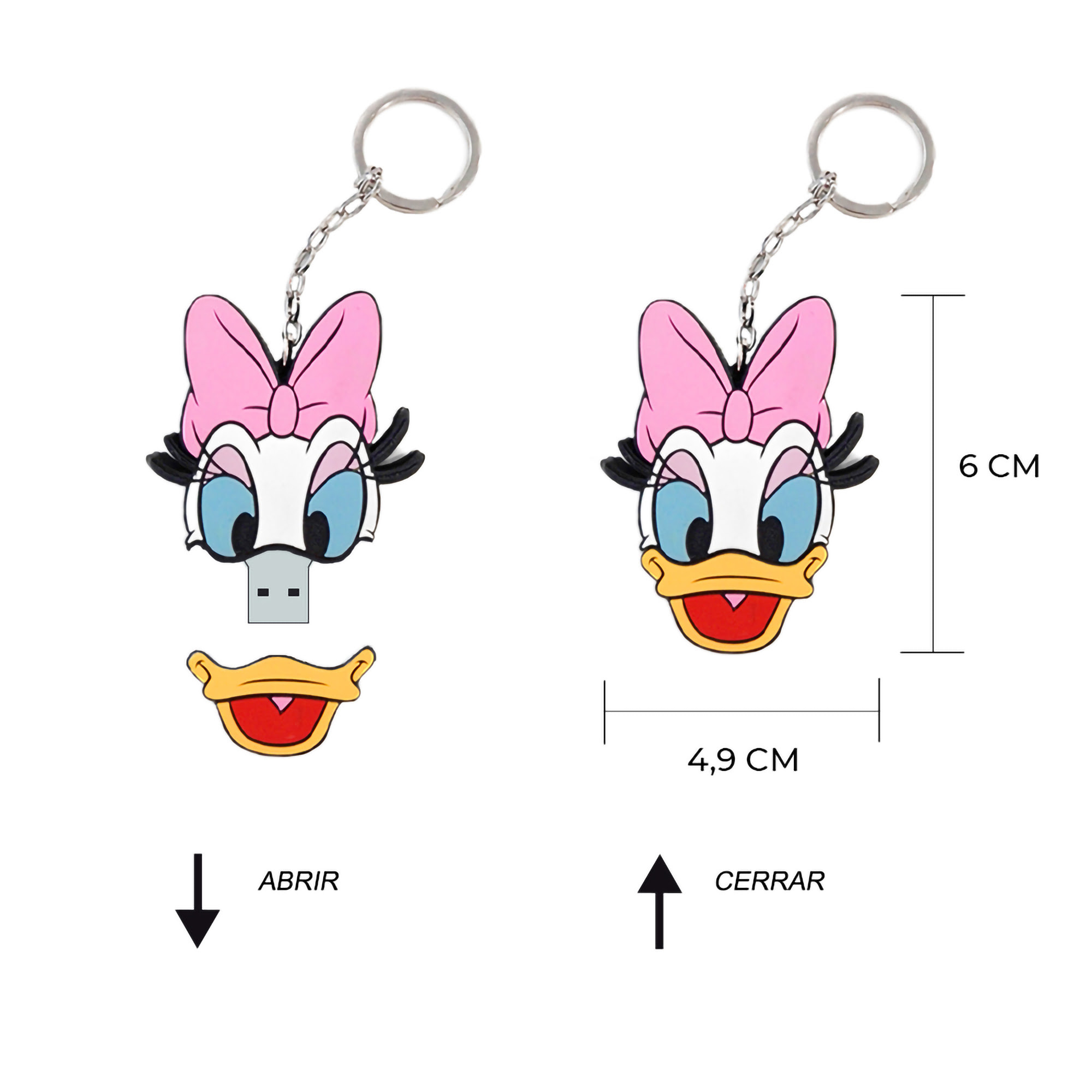 Dwa breloki Daisy Duck pokazujące twarz i komponent USB. Tekst: Otwórz/Zamknij (hiszpański).
