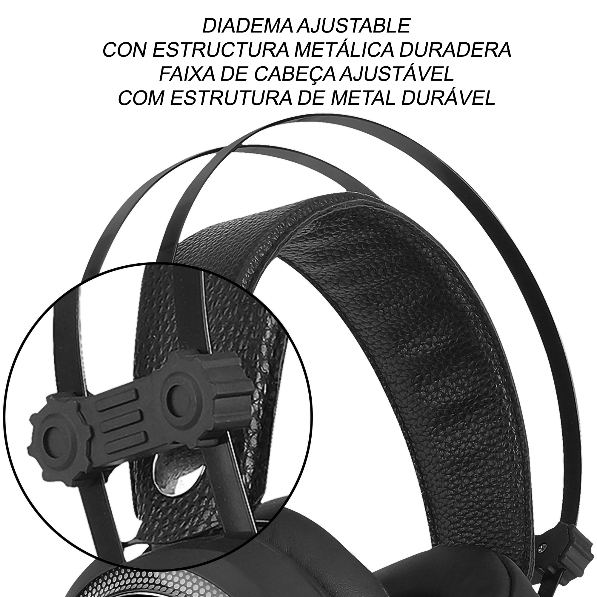 Kopfhörer mit schwarzem, verstellbaren Kopfband und Nahaufnahme des Verstellmechanismus.