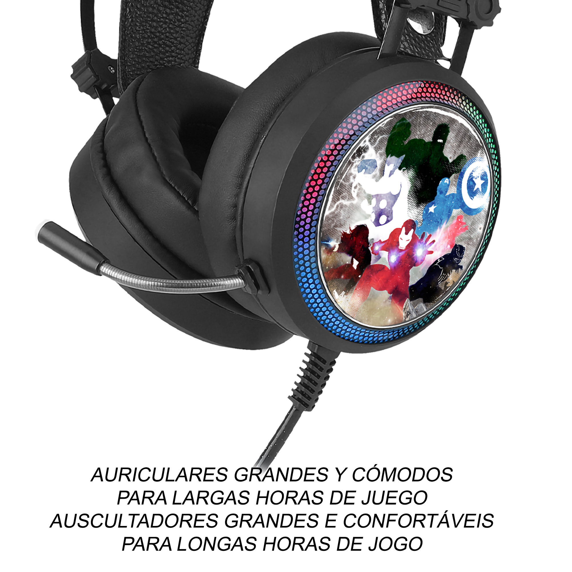 Schwarze Kopfhörer mit einem Marvel-Helden-Design auf den Ohrmuscheln.