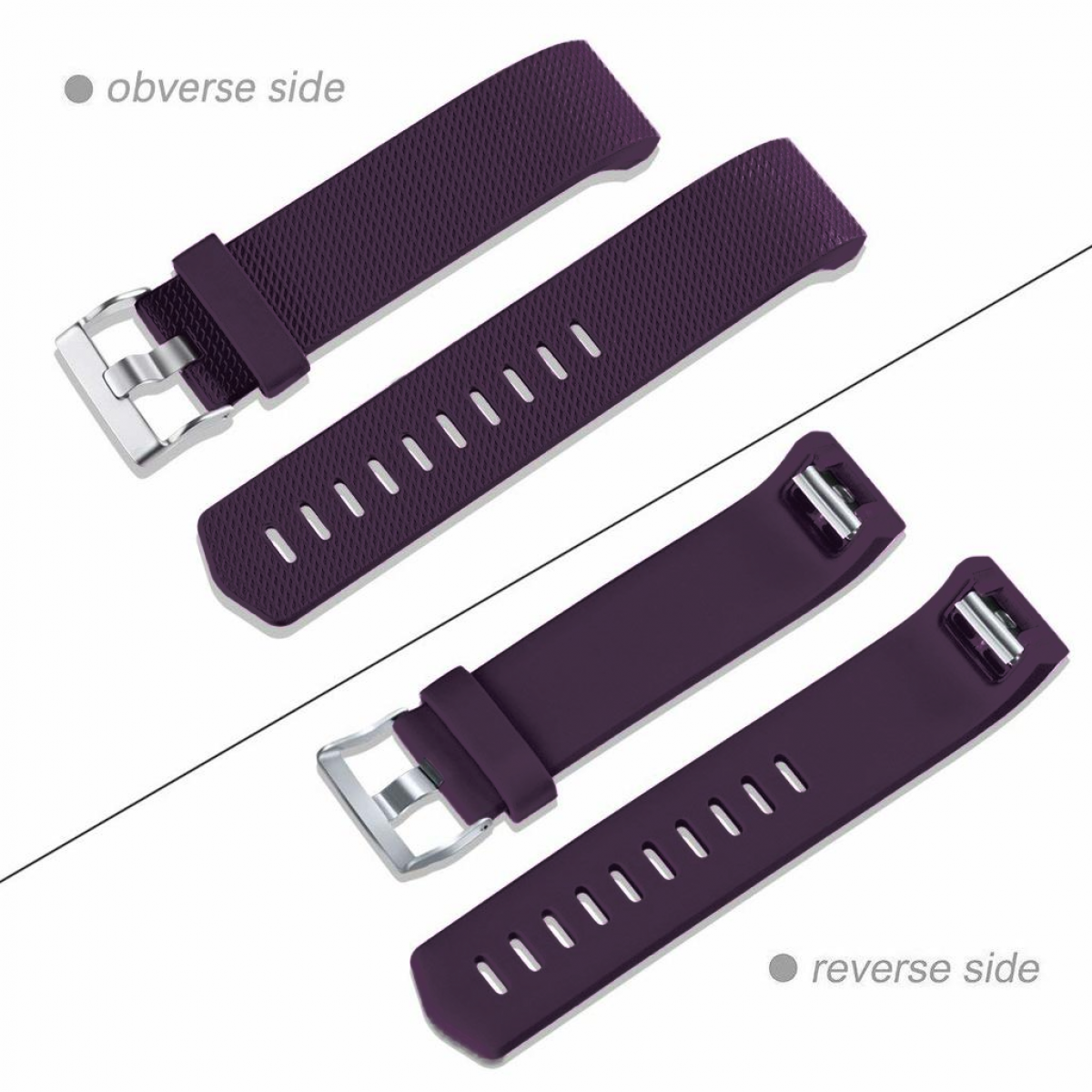 Dos juegos de correas de reloj moradas. Un juego está volteado, mostrando el reverso, sobre un fondo blanco.