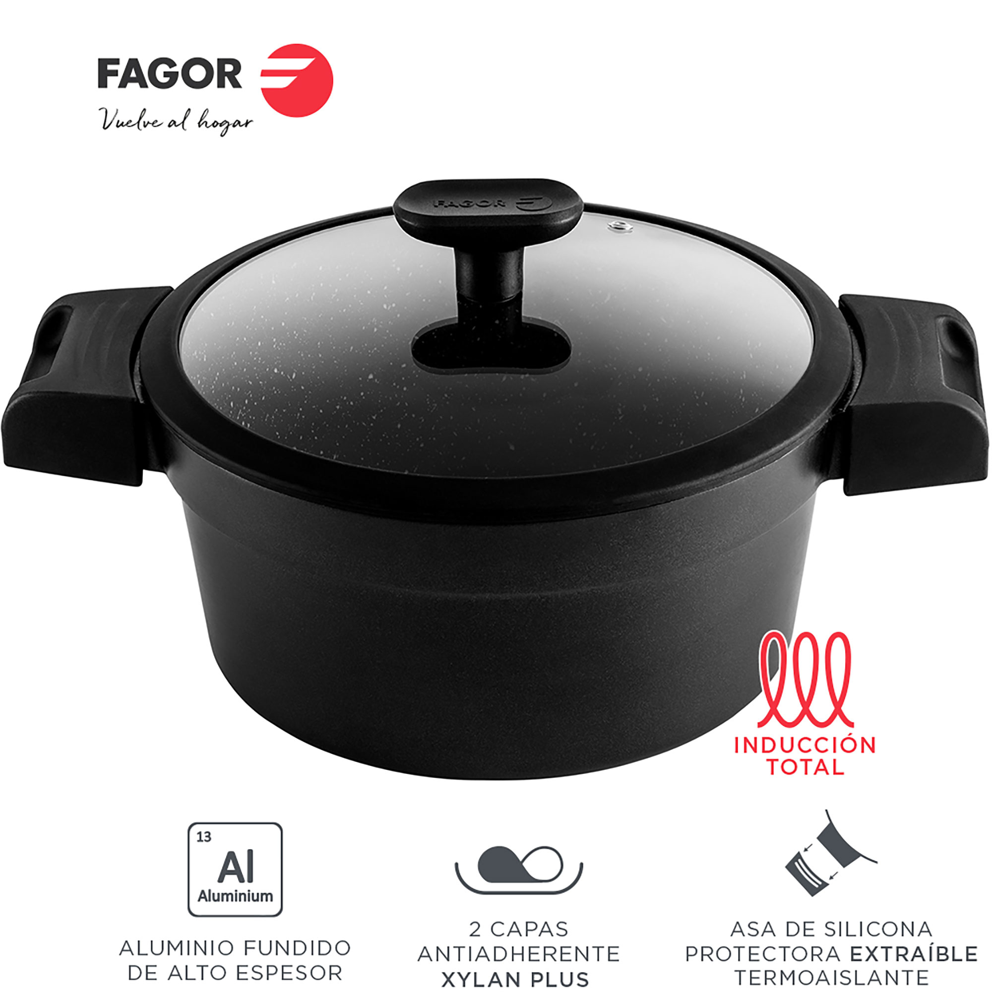 Olla negra con tapa de cristal y asa negra. Visible la marca Fagor.