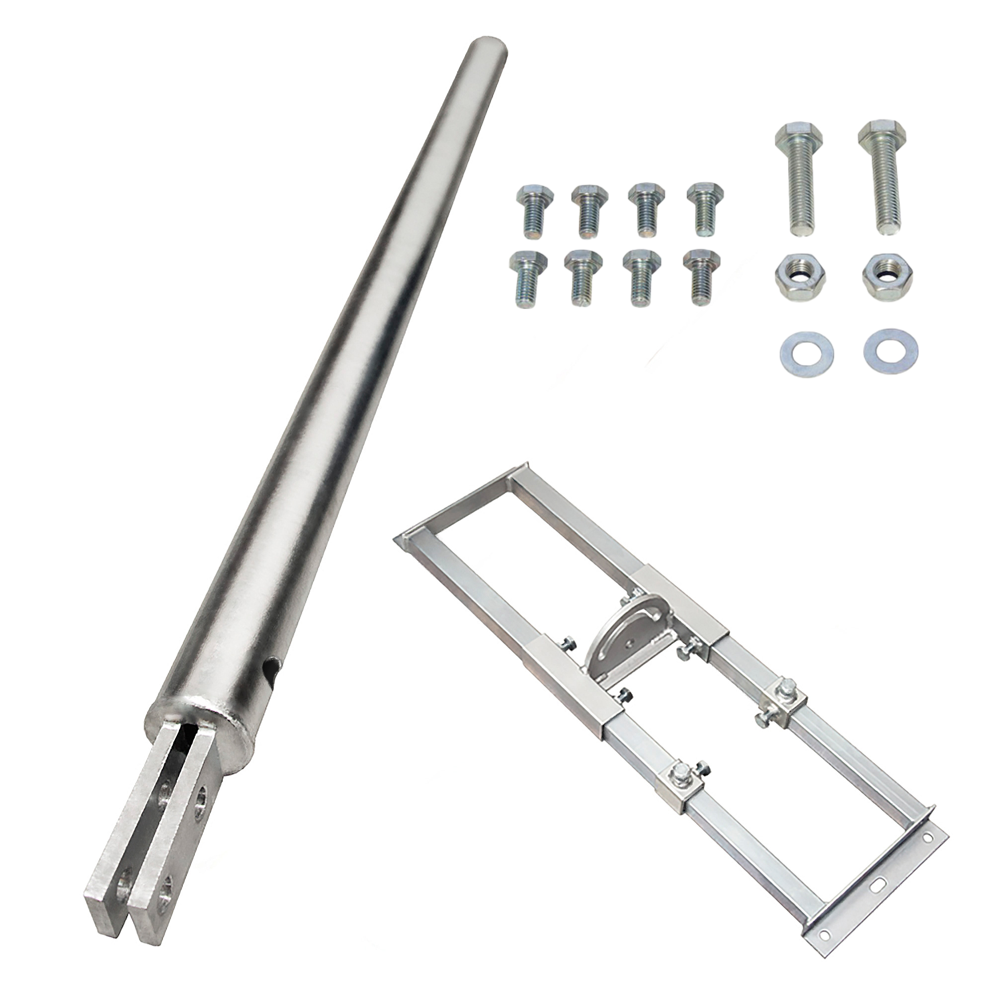 Silberne Metallteile und Hardware für eine Struktur. Enthält einen langen Stab, einen Rahmen und Schrauben.