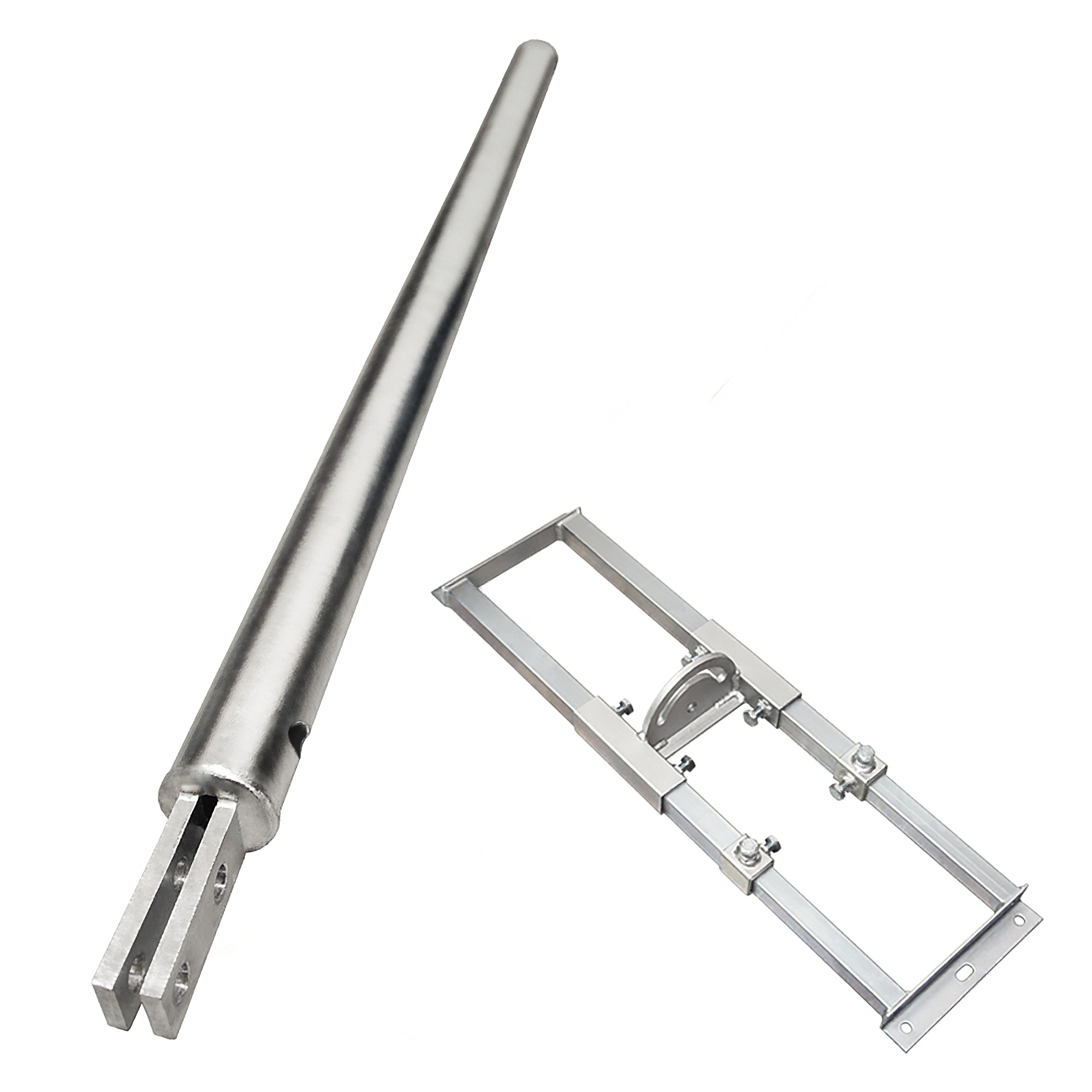 Metallstange und eine Metallhalterung. Die Stange ist lang und zylindrisch. Die Halterung ist rechteckig.