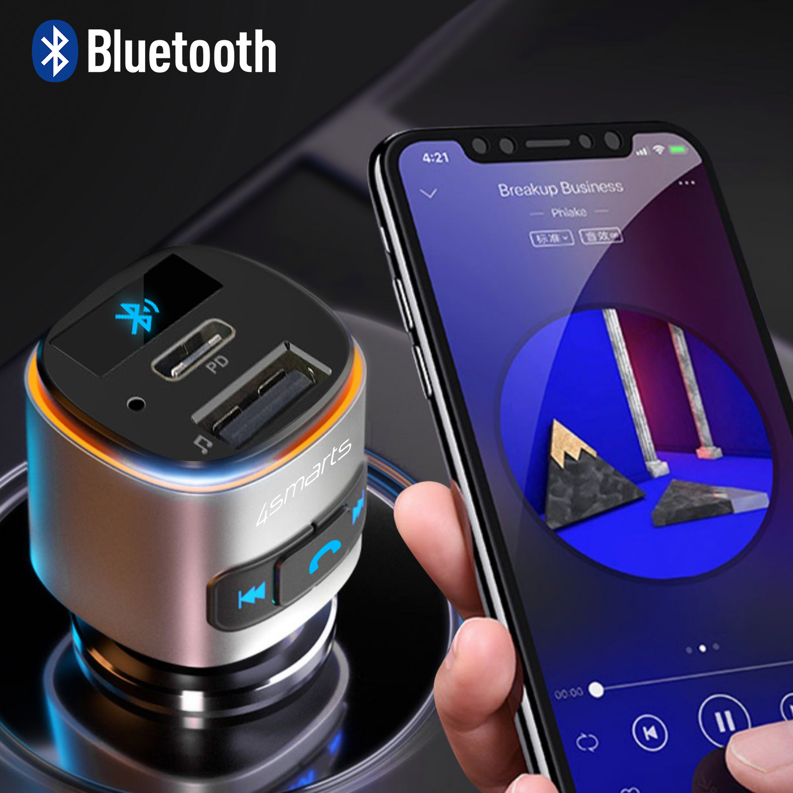 Ein schwarzes und silbernes Bluetooth-Autoladegerät, das mit einem Telefon verbunden ist, das Musik abspielt. Das Telefon zeigt eine Musik-App.