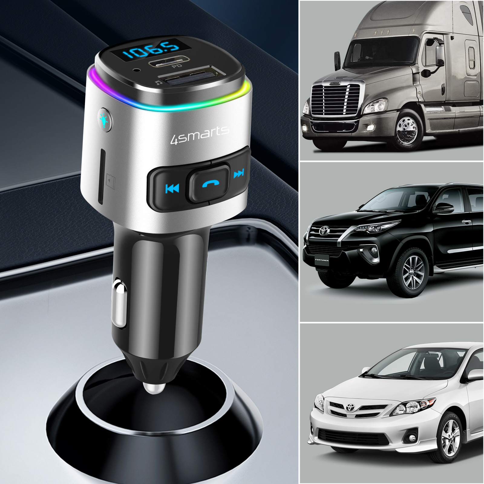 Silber-schwarzer Auto-FM-Transmitter. Autos im Hintergrund.