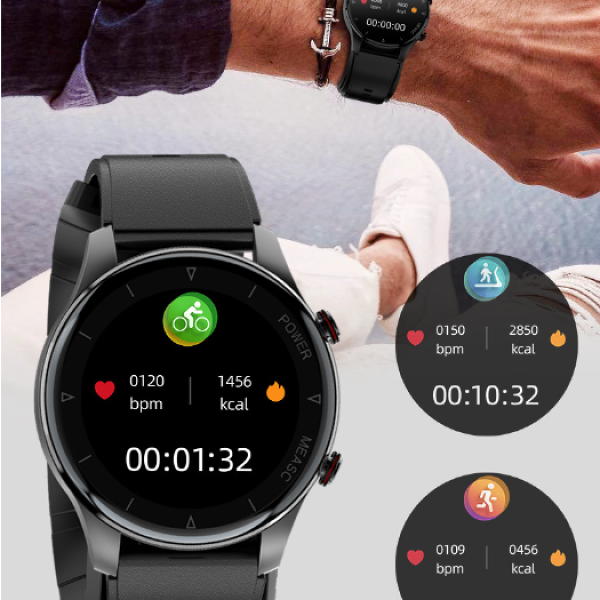 Een smartwatch die trainingsgegevens weergeeft: hartslag, verbrande calorieën en verstreken tijd.