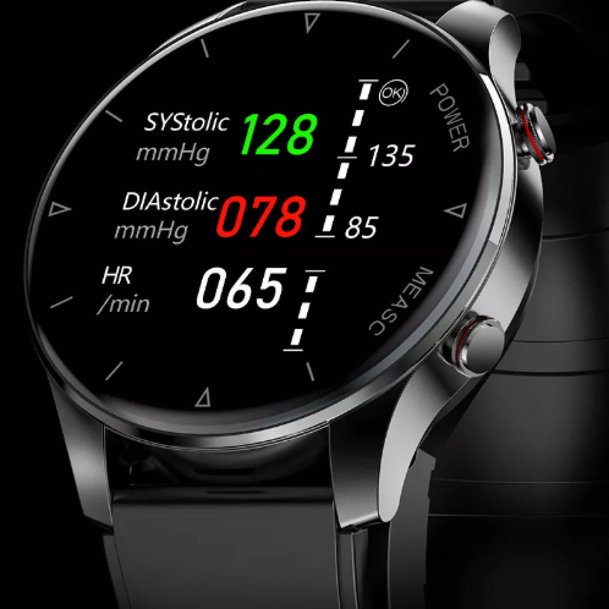 A smartwatch displaying health metrics: Systolic, Diastolic, and HR. The watch is black and silver.