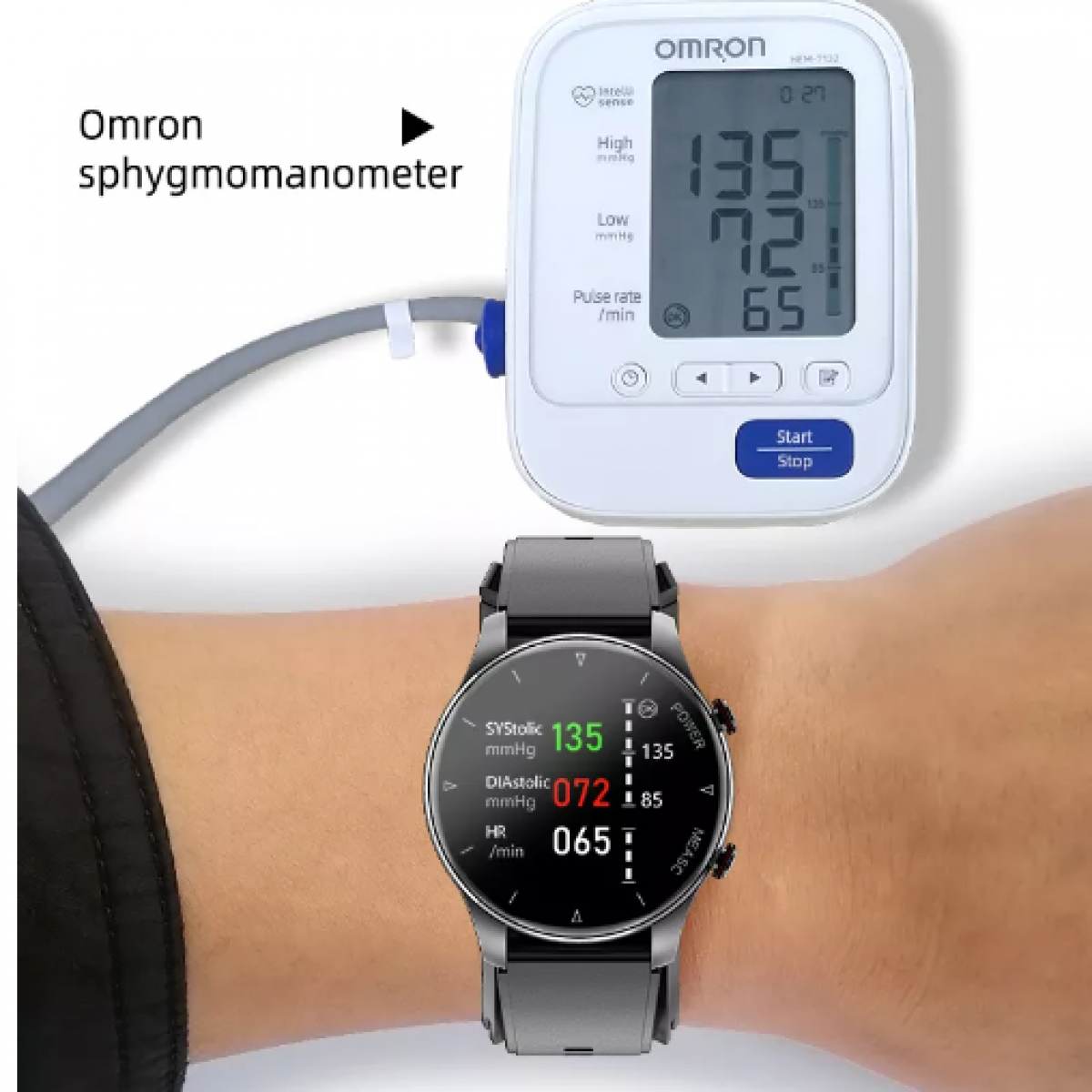A blood pressure monitor and a smartwatch showing blood pressure and pulse rate.
