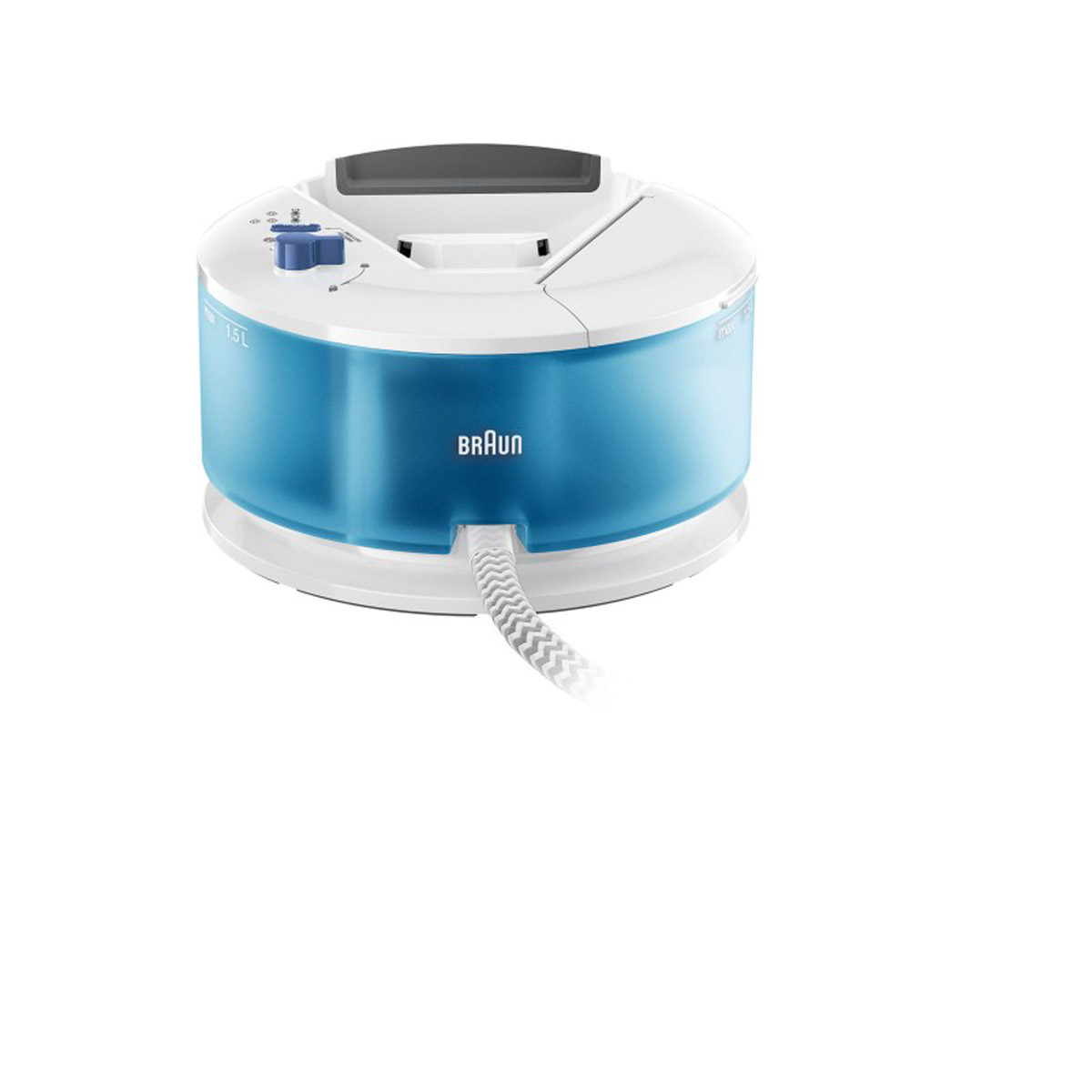 Weiß-blauer Braun-Dampfgenerator. Er hat einen blauen Wassertank und einen Schlauch mit weißem Kabel.