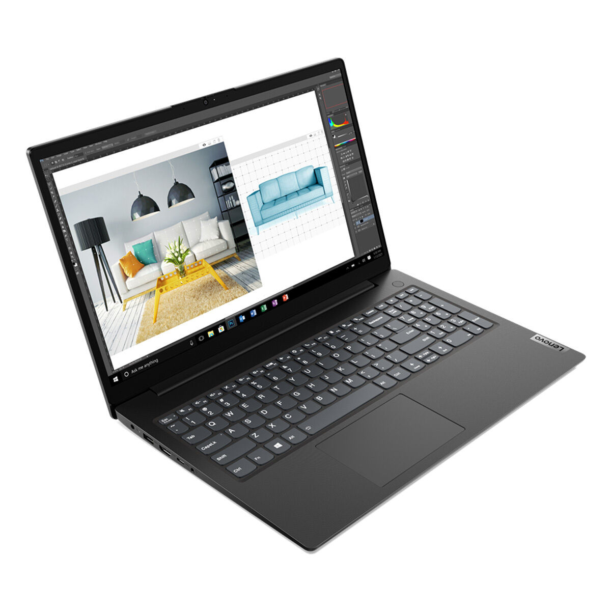 Laptop mit Bildschirm, der eine Design-Software-Oberfläche anzeigt. Weißer Hintergrund.