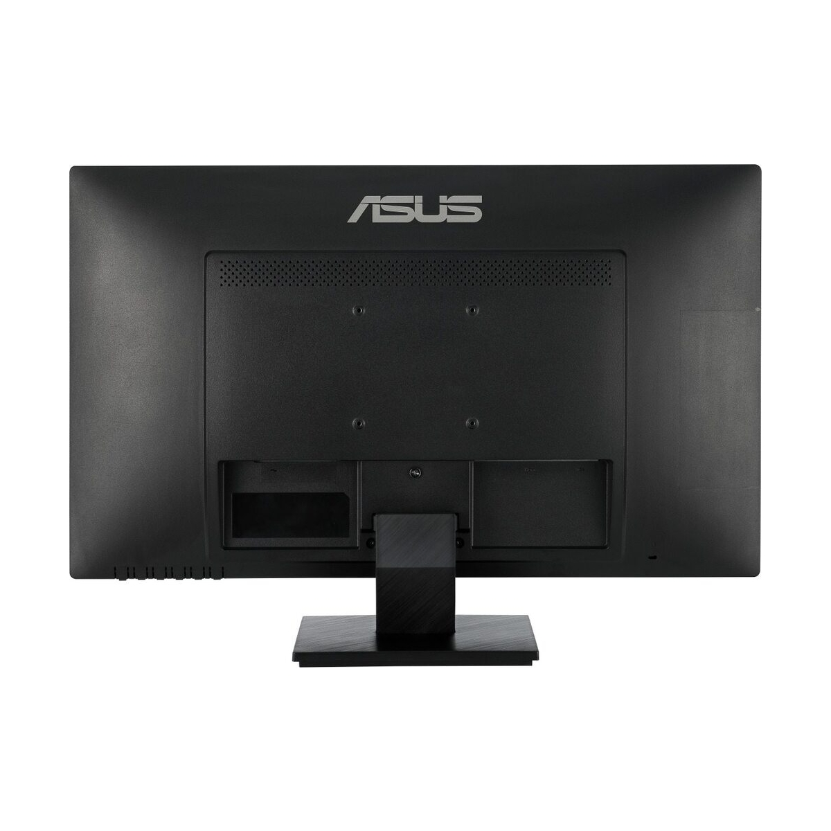 Czarny monitor ASUS z tyłu. Widoczne logo ASUS, porty i podstawka.