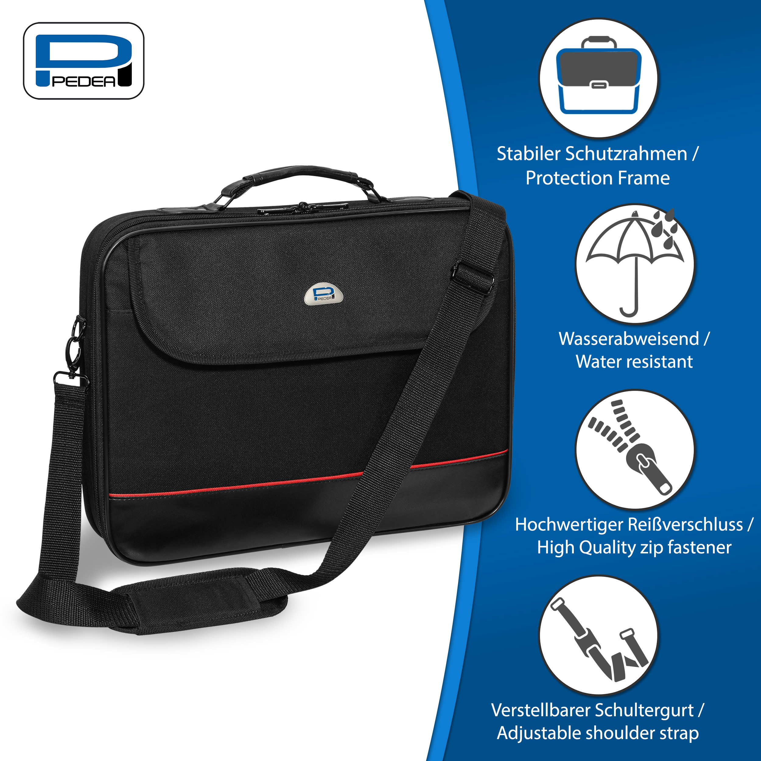 Schwarze Laptoptasche mit rotem Rand, Schultergurt und Symbolen. Pedea-Logo oben links.