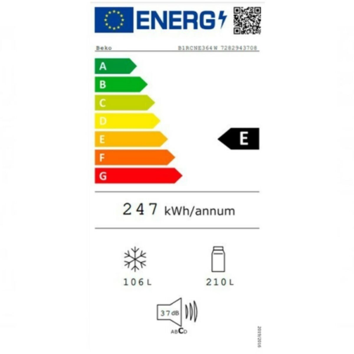 Etykieta energetyczna lodówki Beko, pokazująca efektywność energetyczną, pojemność i hałas.