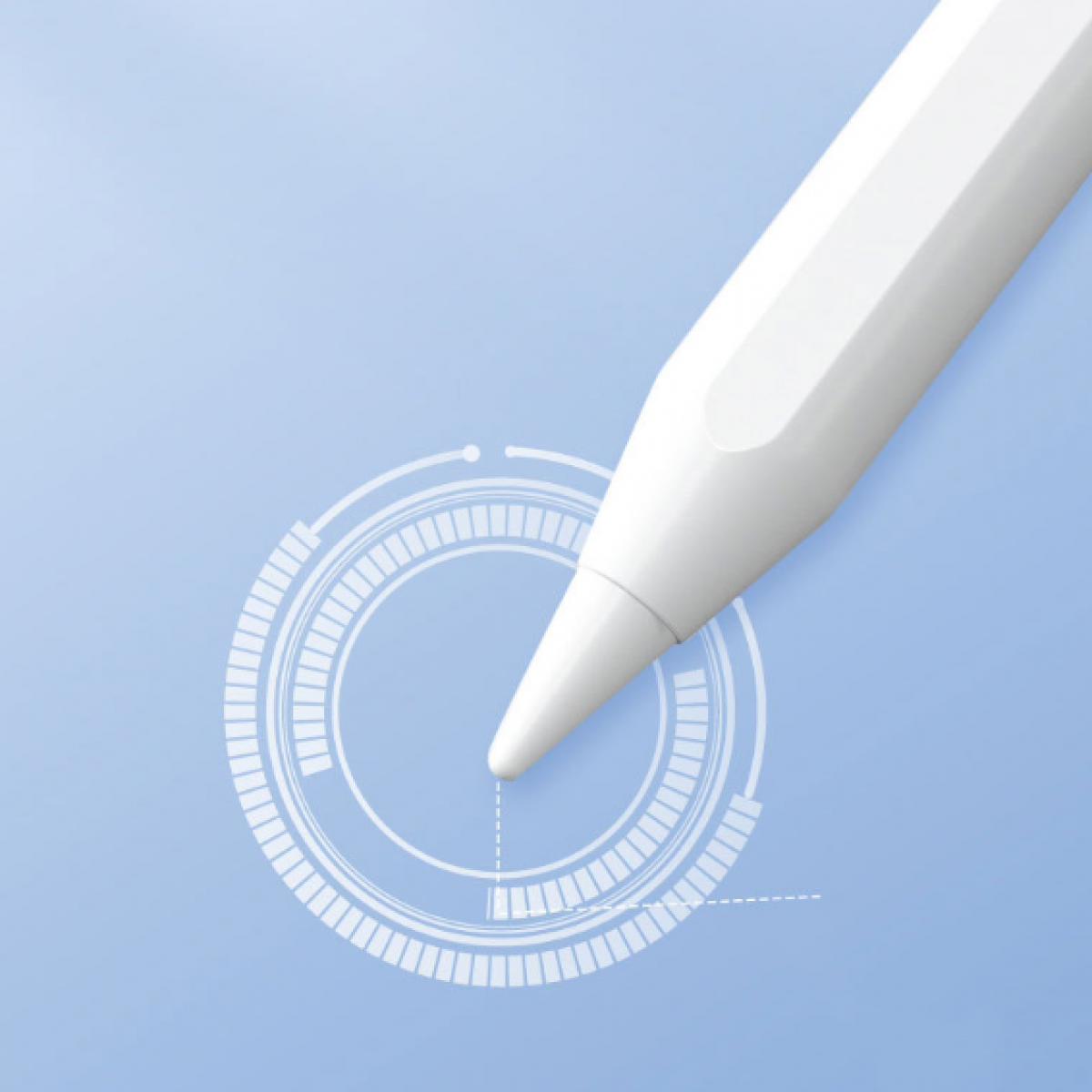 Weißer Stift mit kreisförmigem Design auf hellblauem Hintergrund. Die Stiftspitze ist nah am Kreis.