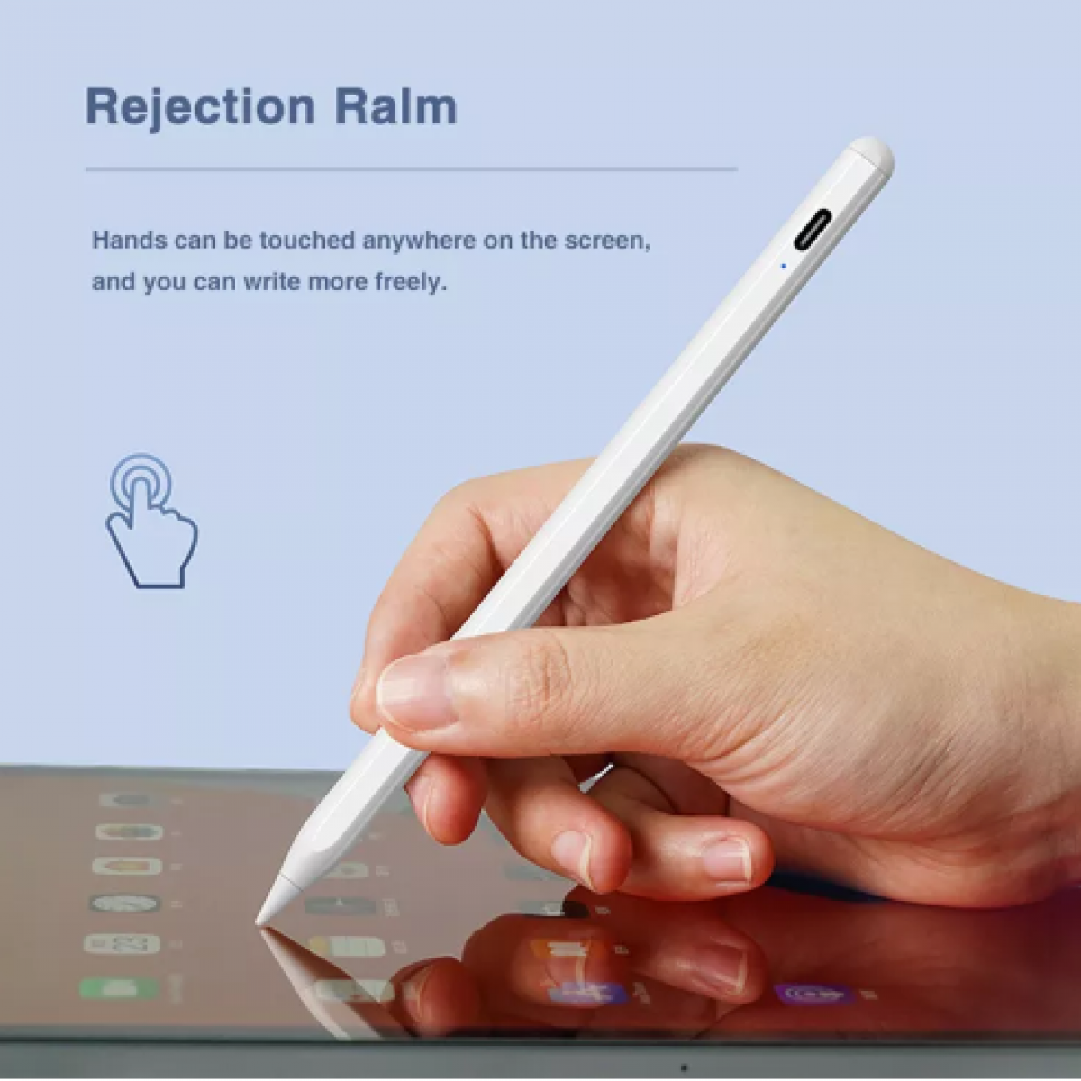 Eine Hand, die einen weißen Stift über einem Tablet-Bildschirm mit Text und einem Handsymbol hält.