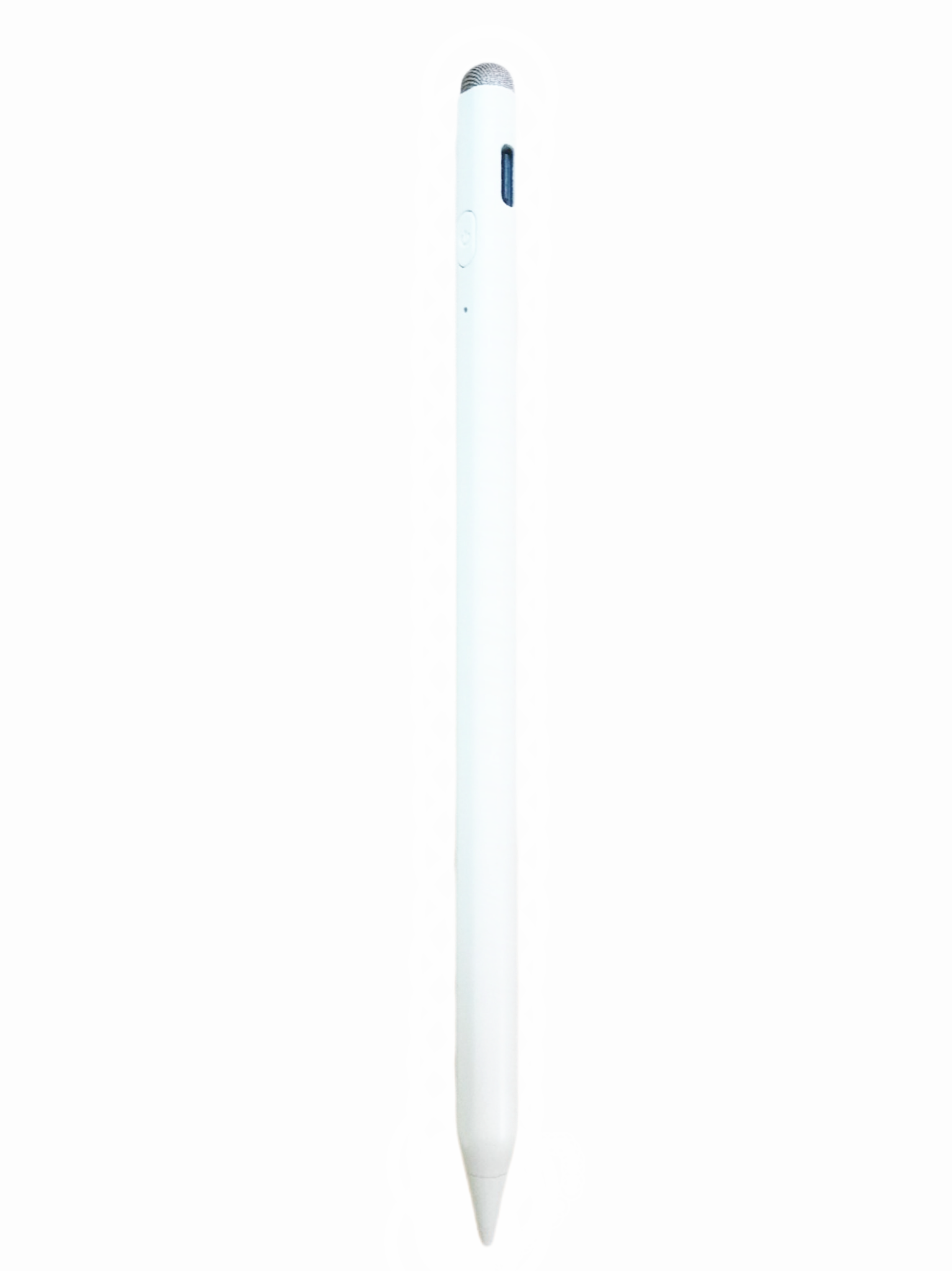 Ein weißer Stift, mit silberner Spitze und blauer Taste, auf weißem Hintergrund.