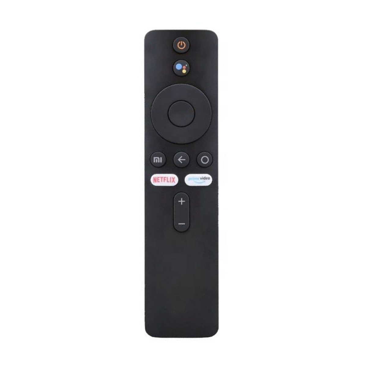 Eine schwarze TV-Fernbedienung mit Tasten für Strom, Google Assistant, Netflix und Prime Video.