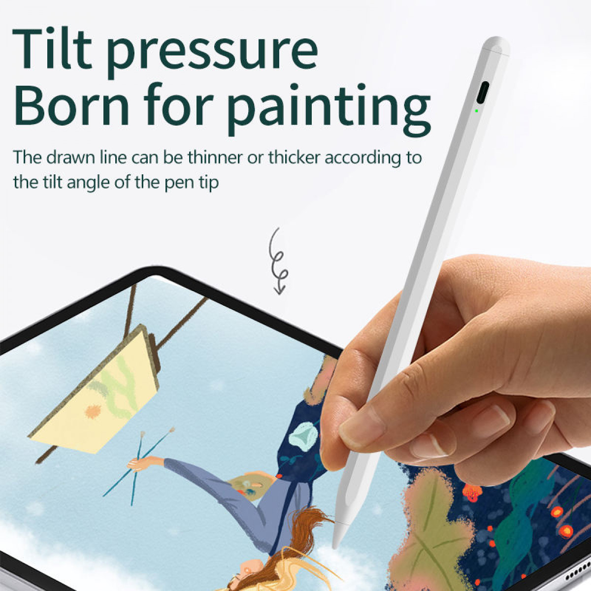 Ręka trzymająca biały rysik nad tabletem. Rysik umożliwia zmienną grubość linii w zależności od kąta.