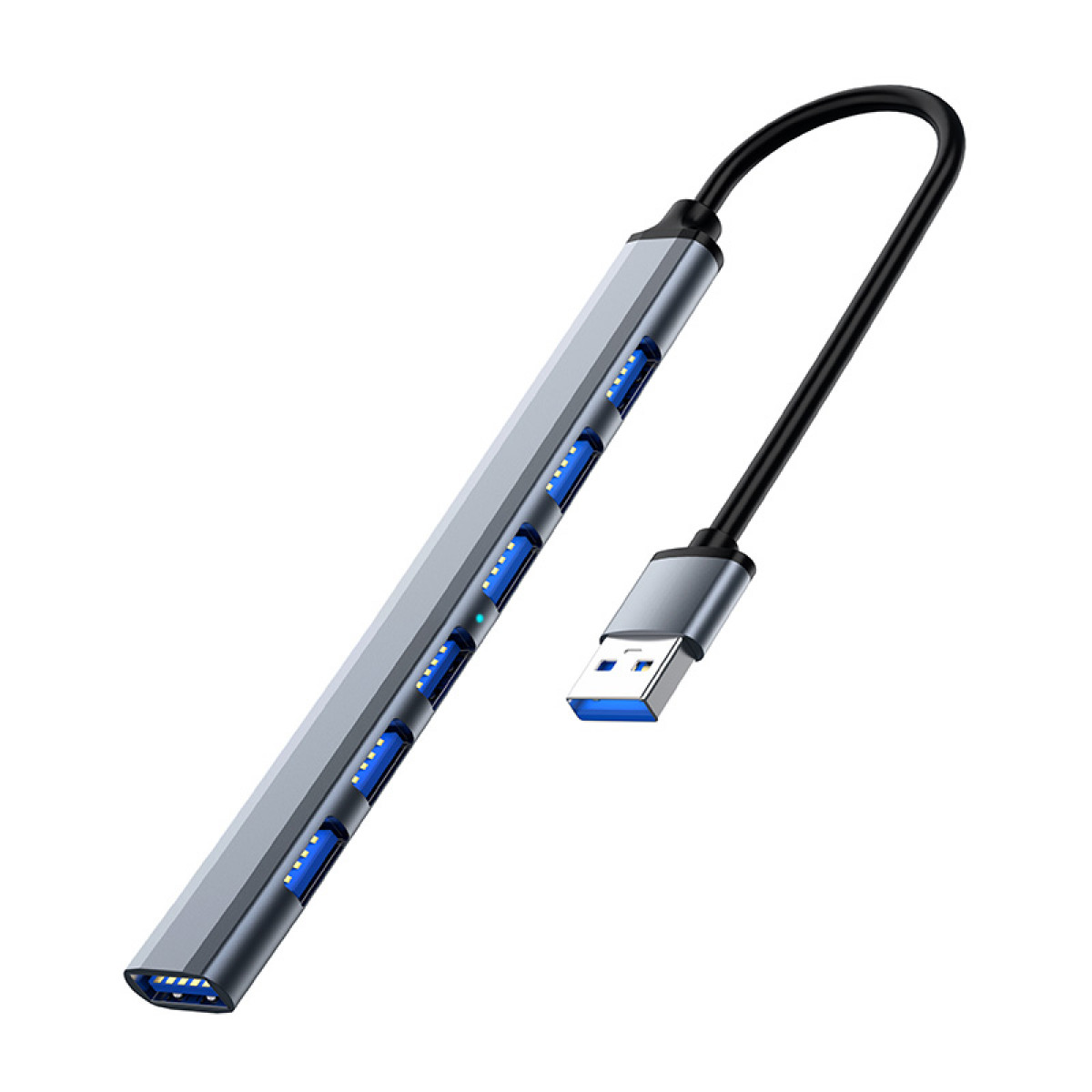 Srebrny hub USB z wieloma portami USB i czarnym kablem ze złączem USB.