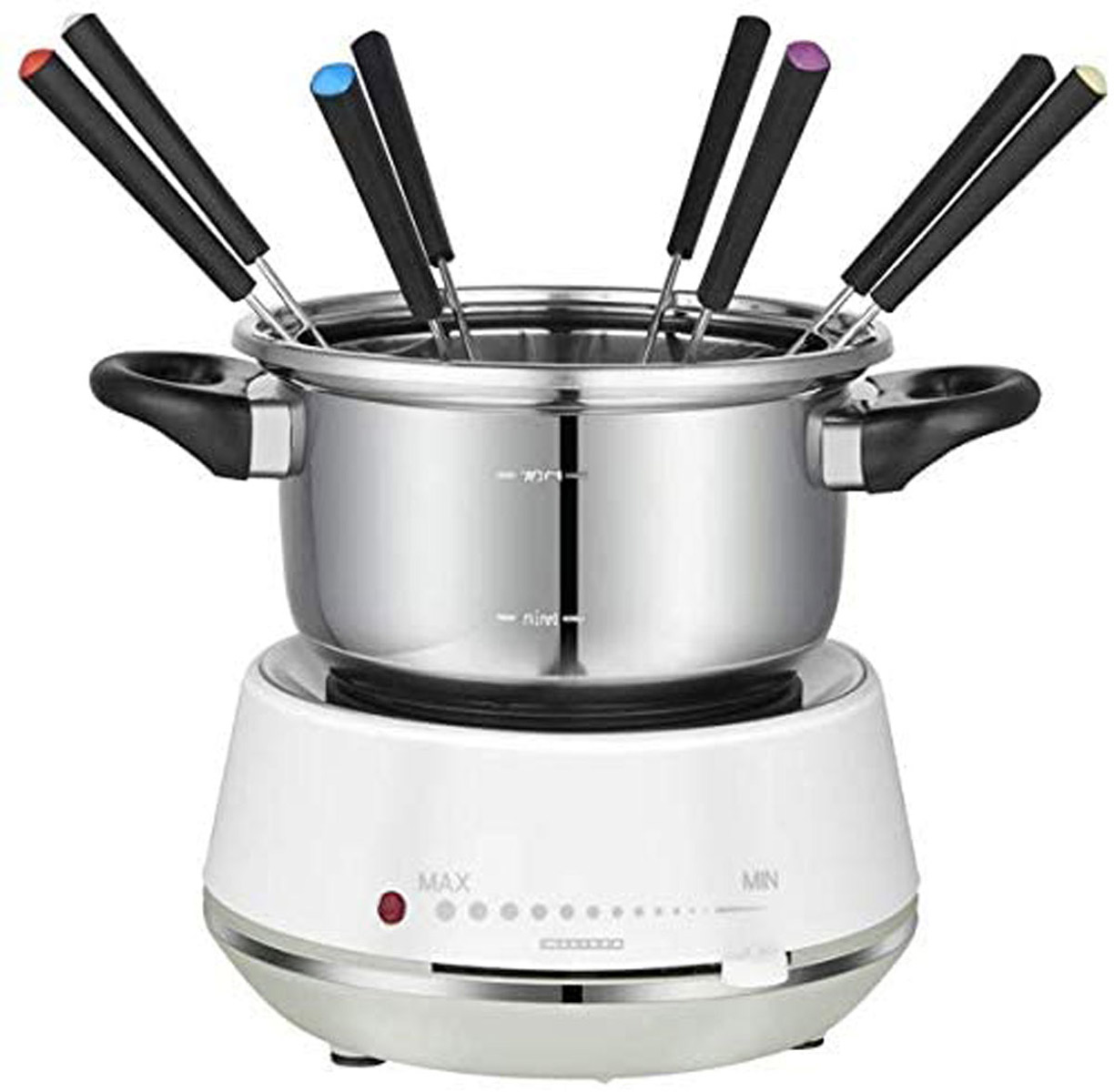 Zestaw do fondue MELISSA 16310230, 2 l, 1200 W, dla 8 osób, regulacja temperatury, 6 miseczek na sos Srebrny