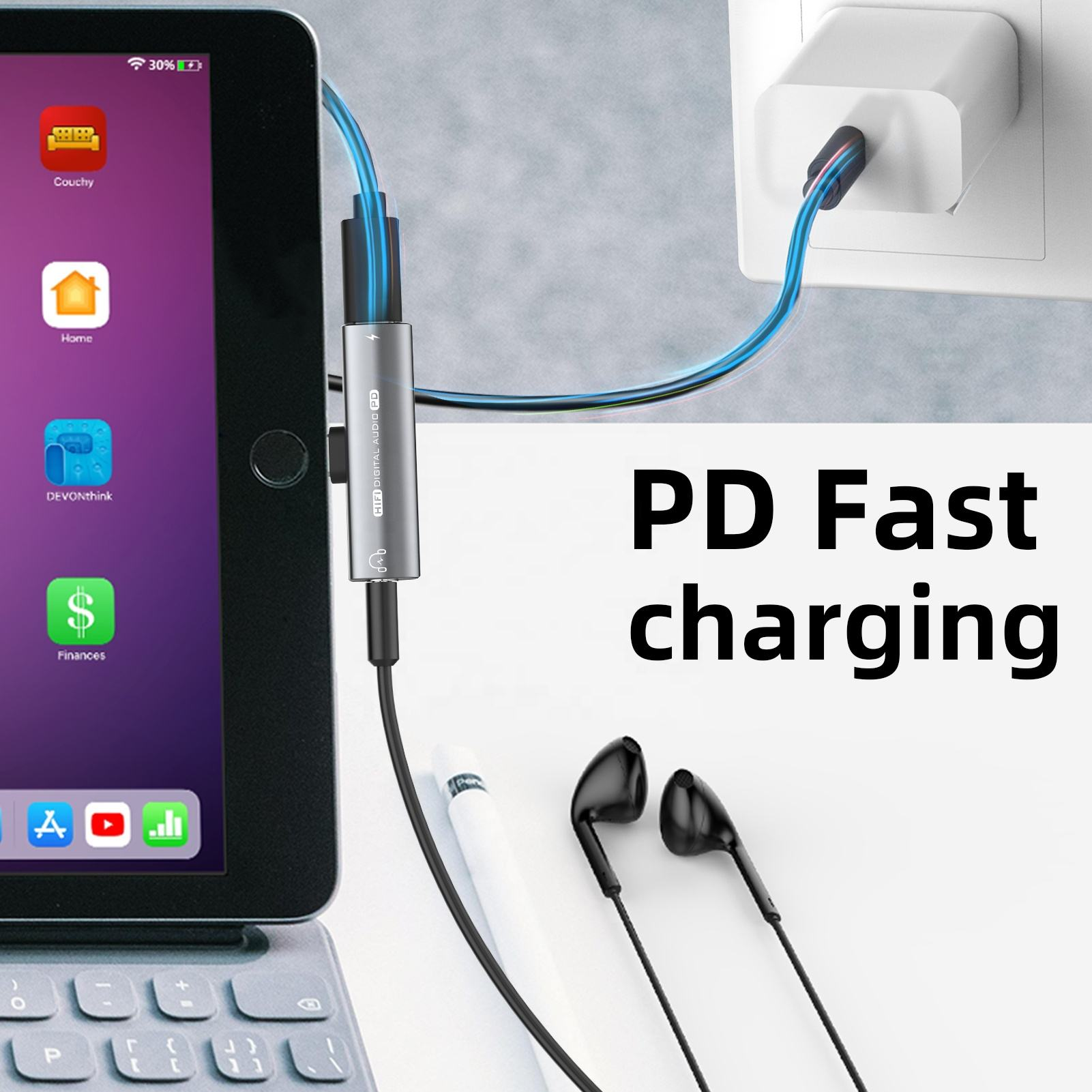 Tablet z kablem ładującym i słuchawkami; tekst: 'PD Fast charging'.