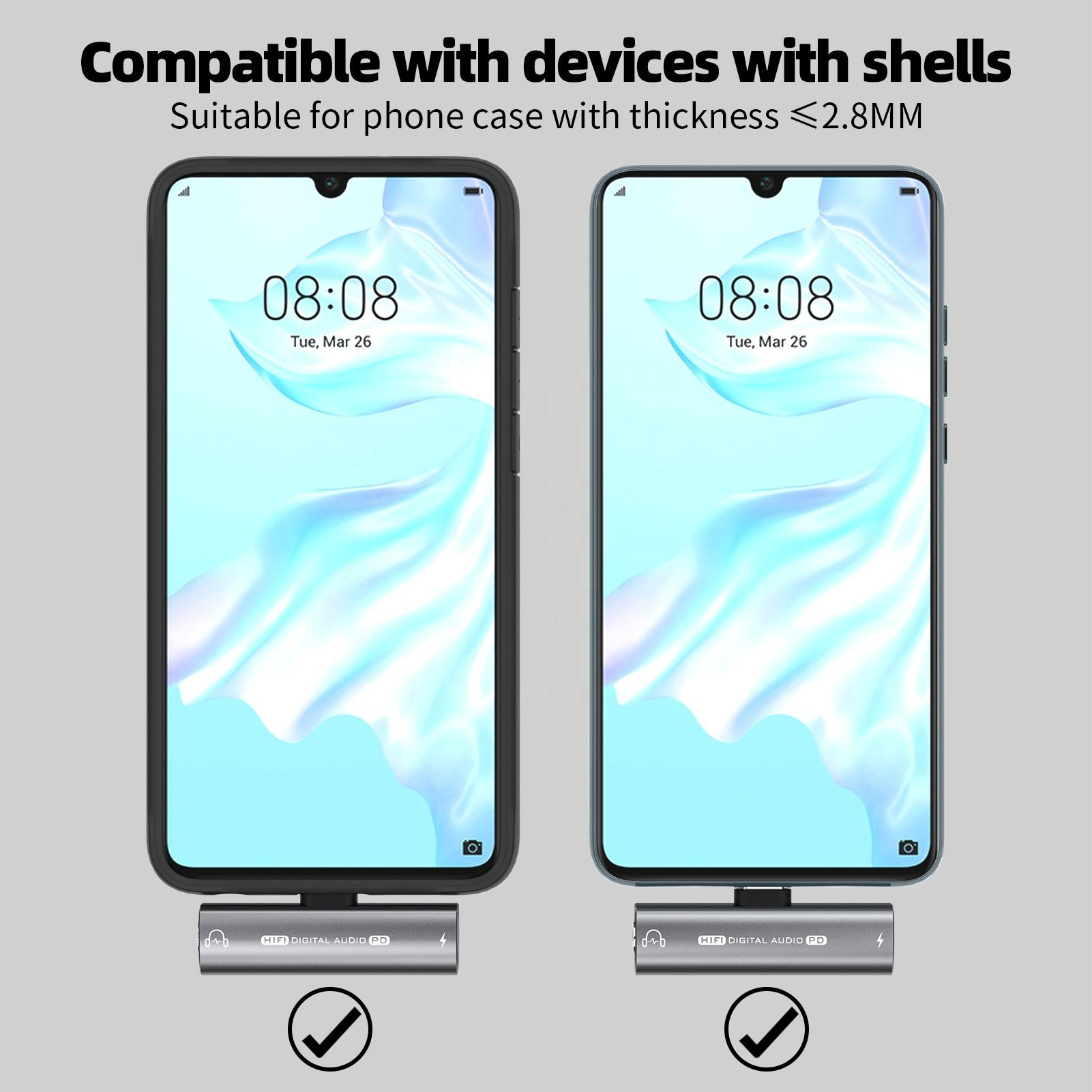 Dwa telefony, pokazujące kompatybilność etui na telefon z adapterem audio cyfrowym.