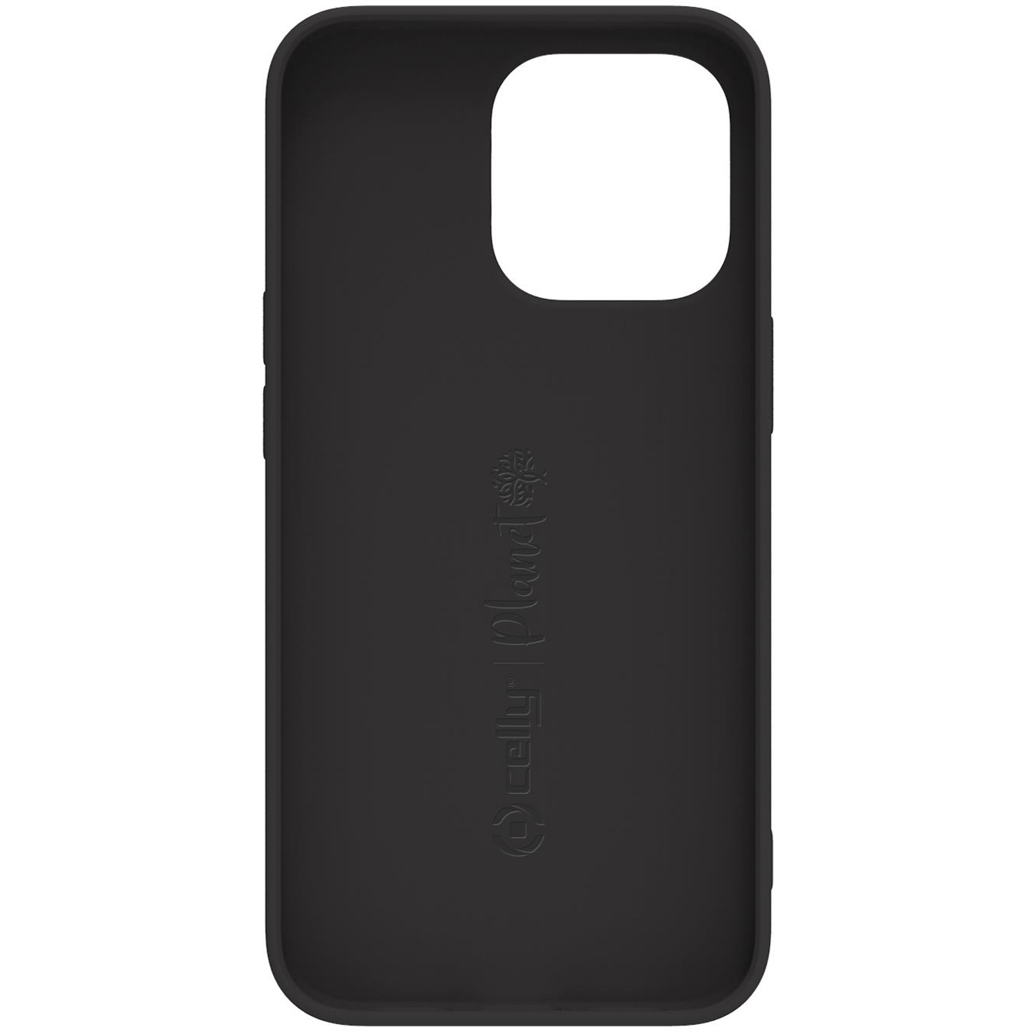 Custodia nera per telefono con ritaglio per fotocamera e logo sul retro. Superficie liscia.