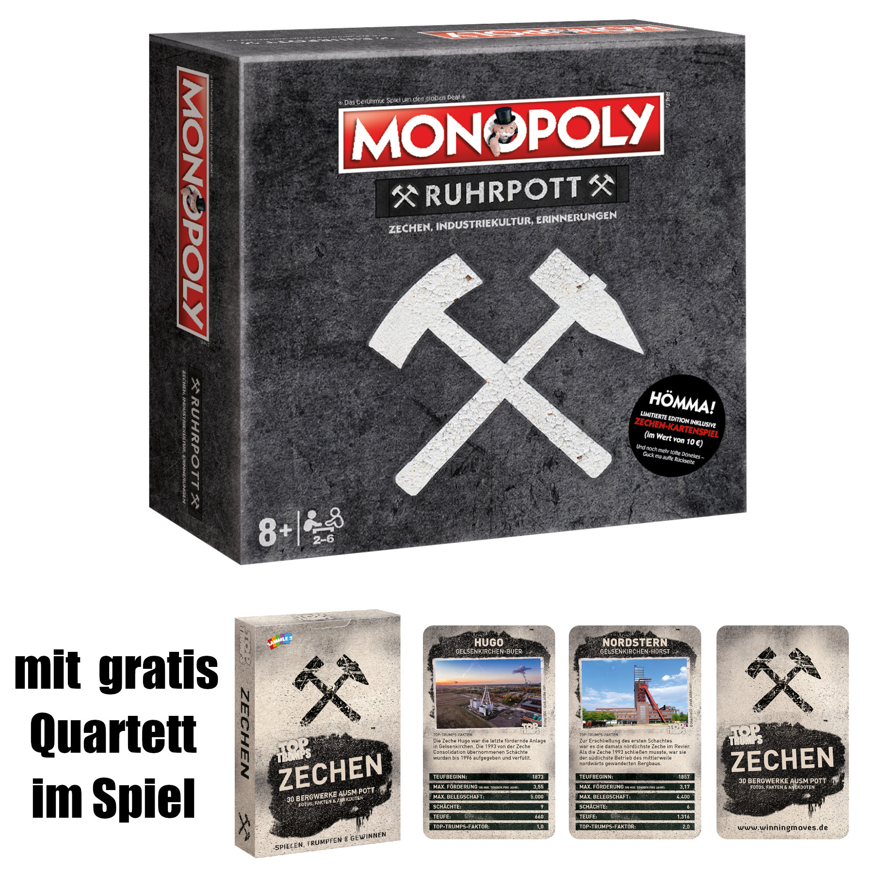 Monopoly Ruhrpott Brettspielbox und Spielkarten. Der Hintergrund ist weiß.