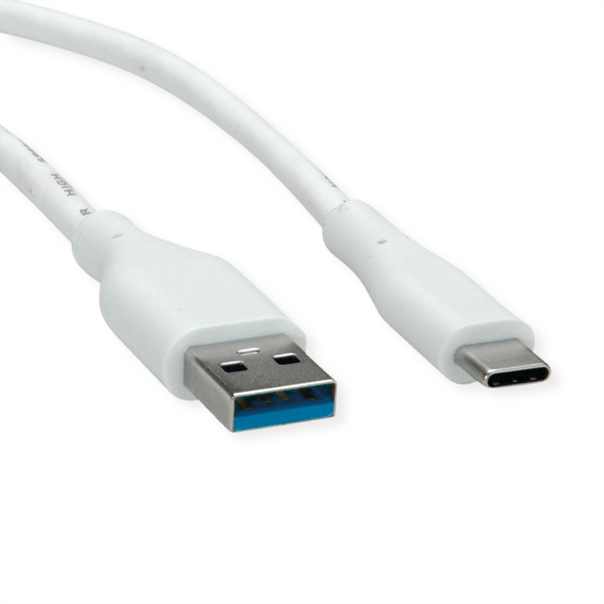 Witte USB-A naar USB-C kabel. Eén kant USB-A en de andere USB-C, beide wit.