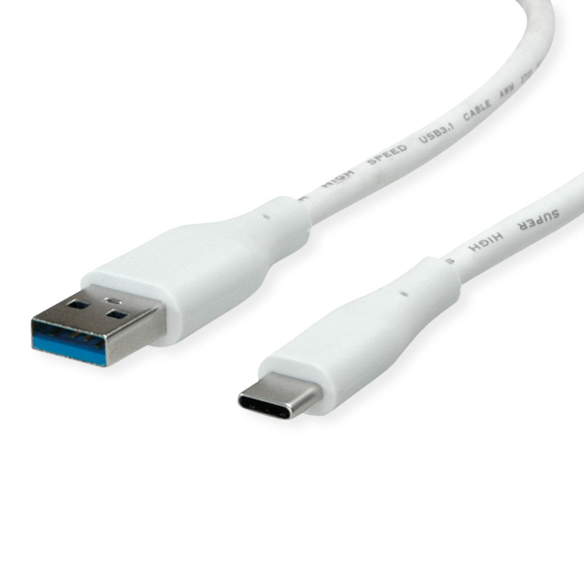 Een witte USB-A naar USB-C kabel, met connectoren op een witte achtergrond.