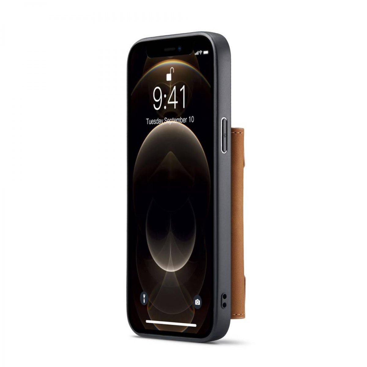 Schwarzes Smartphone in einer Hülle mit angebrachtem Portemonnaie. Das Telefon zeigt Sperrbildschirm.