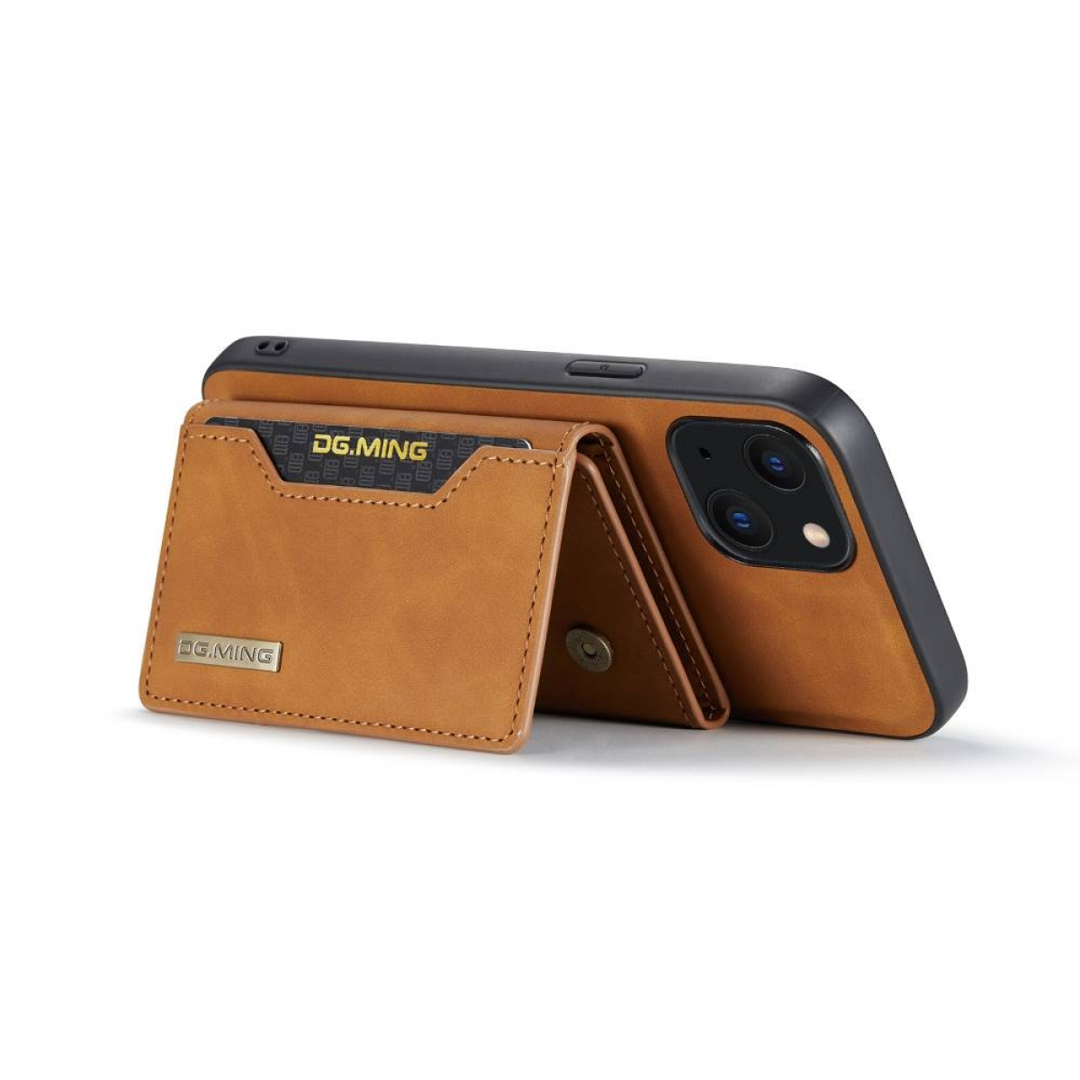 Eine braune Leder-Handyhülle mit Kartenhalter, aufgestellt, mit einem Telefon darin.