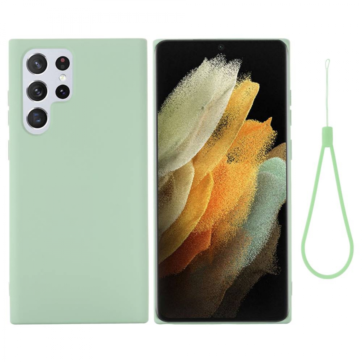 Hellgrüne Handyhülle und Telefon. Das Telefon befindet sich rechts und zeigt mehrere Kameras und einen grünen Riemen.