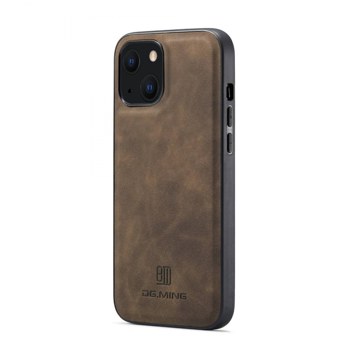 Braune Handyhülle, schwarzes Telefon. D.G. MING Logo auf der Hülle. Rückseite des Telefons gezeigt.