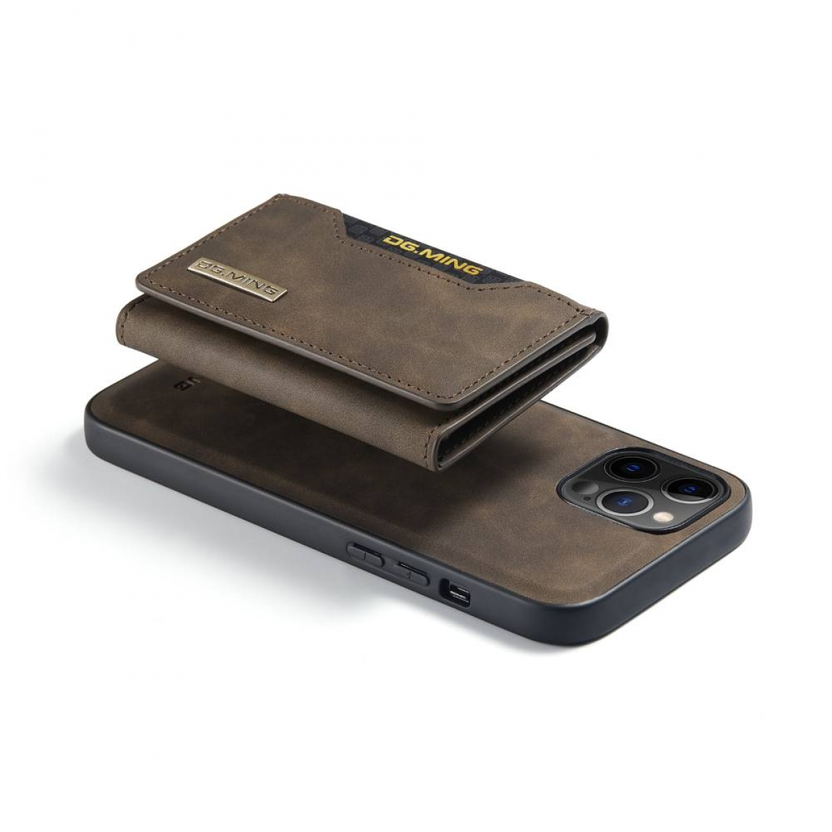Eine braune Leder-Geldbörsenhülle auf einem schwarzen Telefon. Die Geldbörse ist offen.