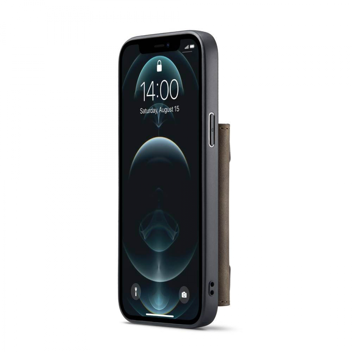 Ein iPhone in einer dunkelgrauen Hülle mit Kartenhalter. Der Bildschirm zeigt die Uhrzeit.