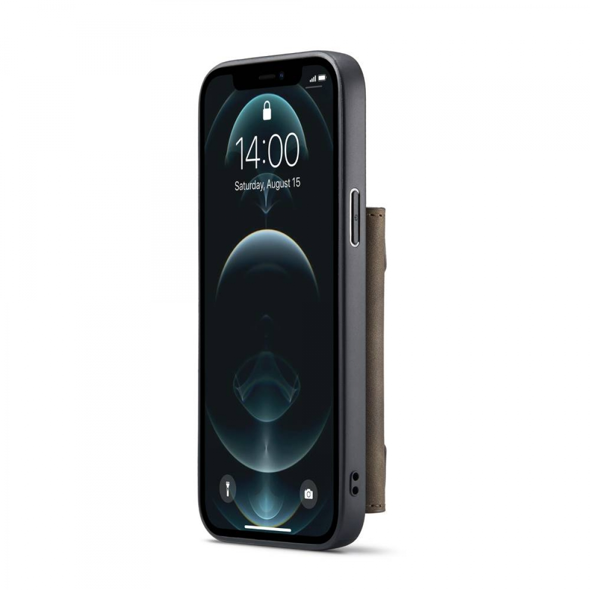 iPhone mit dunkelgrauem Gehäuse und einer kleinen braunen Geldbörse an der Seite.
