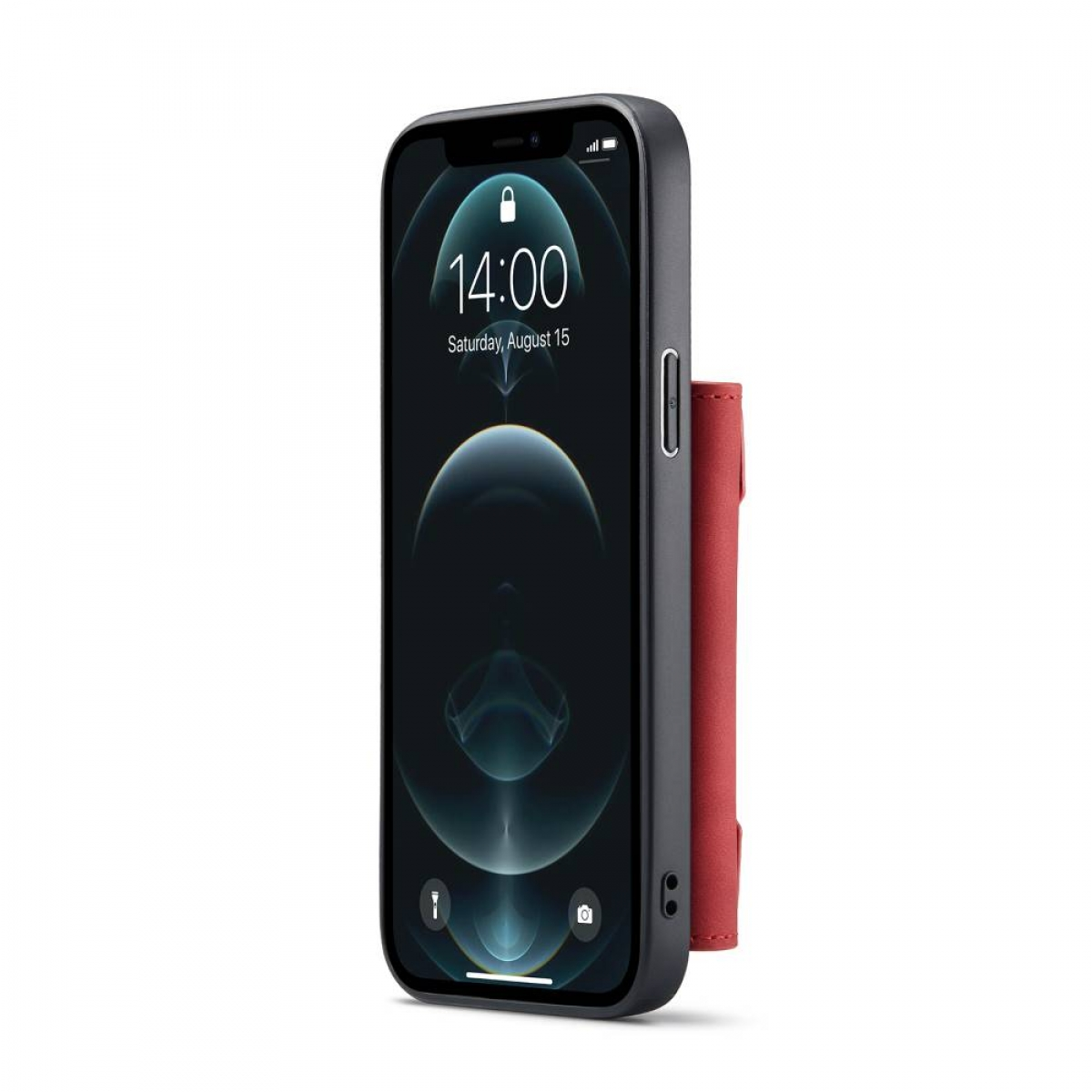Schwarzes Telefon mit roter Brieftaschen-Hülle auf weißem Hintergrund. Der Bildschirm ist an.