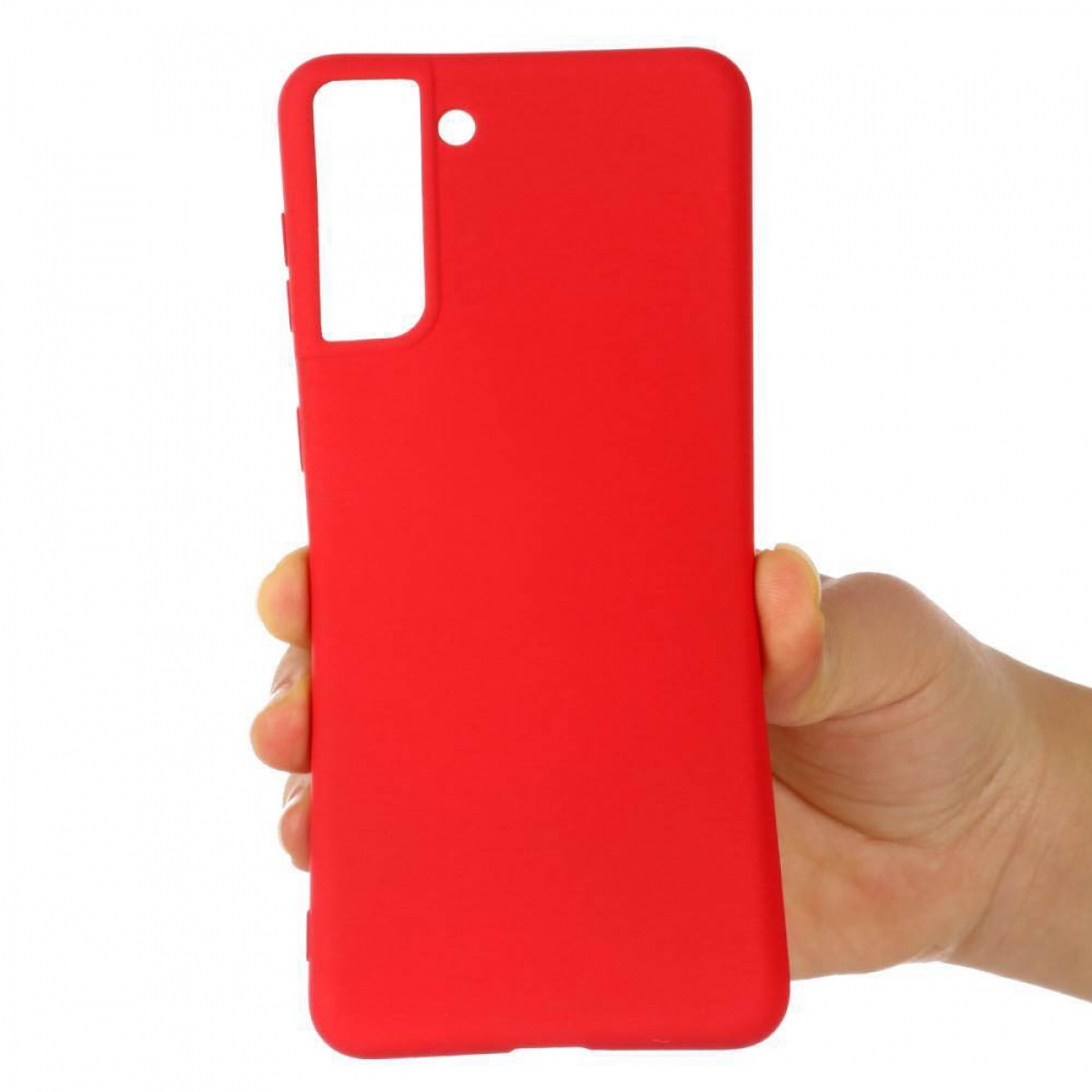 Eine Hand hält eine rote Handyhülle. Die Hülle hat einen Kameraausschnitt.
