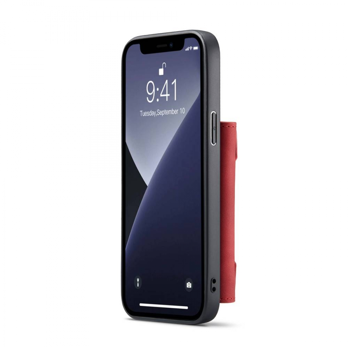 Schwarzes iPhone mit roter Leder-Geldbörsenhülle, zeigt Zeit und Datum auf dem Bildschirm.