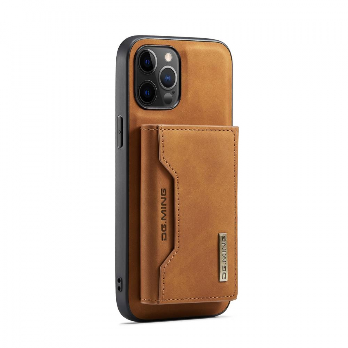 Braune Handyhülle mit Kartenhalter. Telefon ist schwarz, Hülle ist braun.
