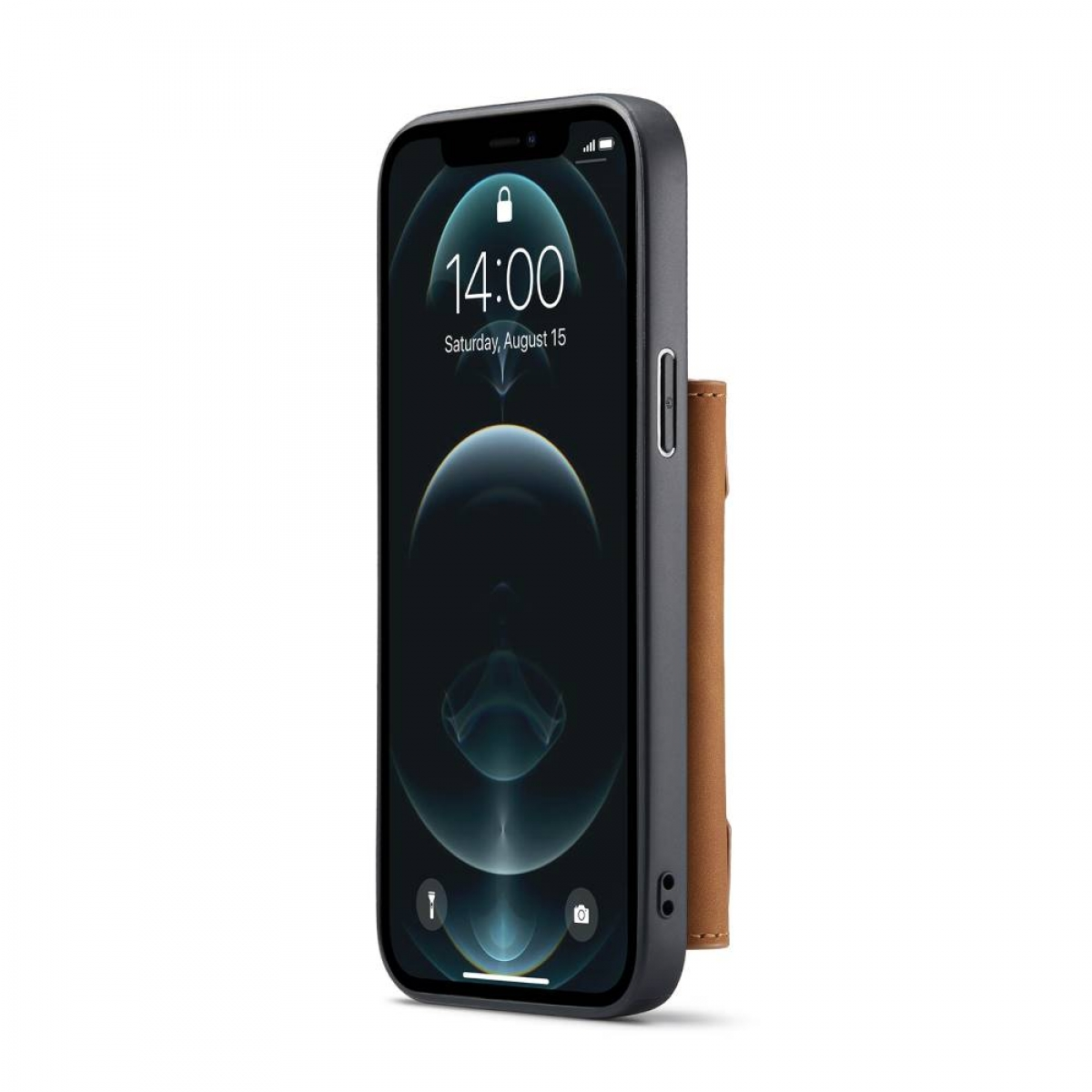 Ein Handy mit Hülle, braunes Leder mit Kartenhalter. Das Handy zeigt die Uhrzeit.