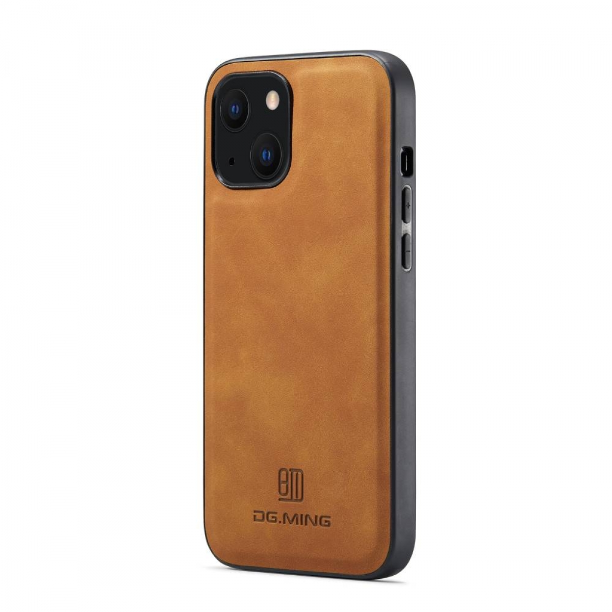 Braune Leder-Handyhülle mit dem DG.MING-Markenlogo. Das Telefon ist dunkelbraun.